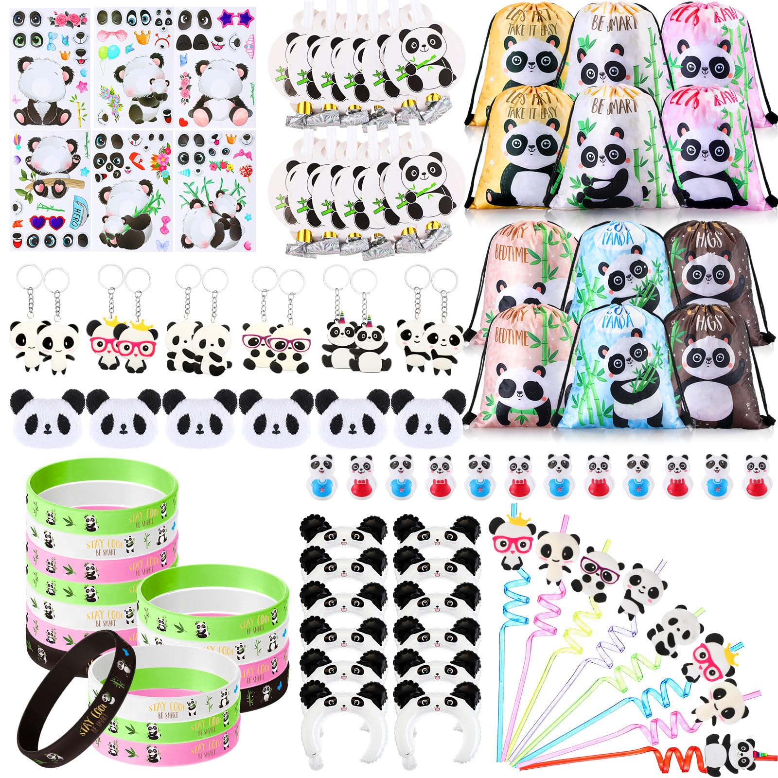 Abbylike 108 Pcs Panda Party Supplies Favors for Kids Include Drawstring Bags Keychain Panda Blowing Toy Headband Balloon Tumbler Pin Silicone Wristband Straws Stickers
