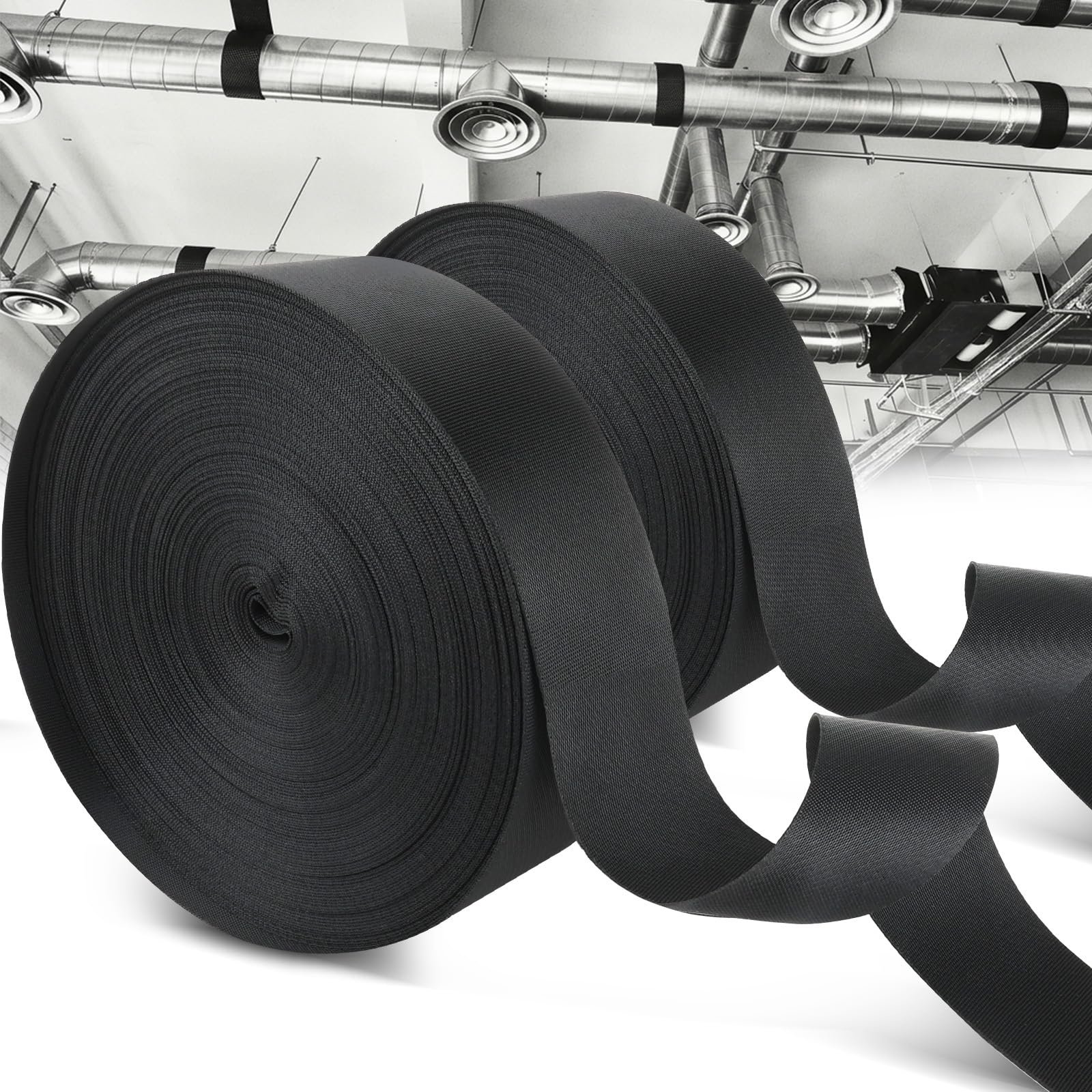 148Ft HVAC Duct Strap 2pcs, Tight-Weave Nylon Duct Support Webbing, Heavy Duty Duct Hanging Strap for Flex Duct &amp; Ductwork, Resists Stretching/Tearing/Abrasion (148Ft,2pcs)