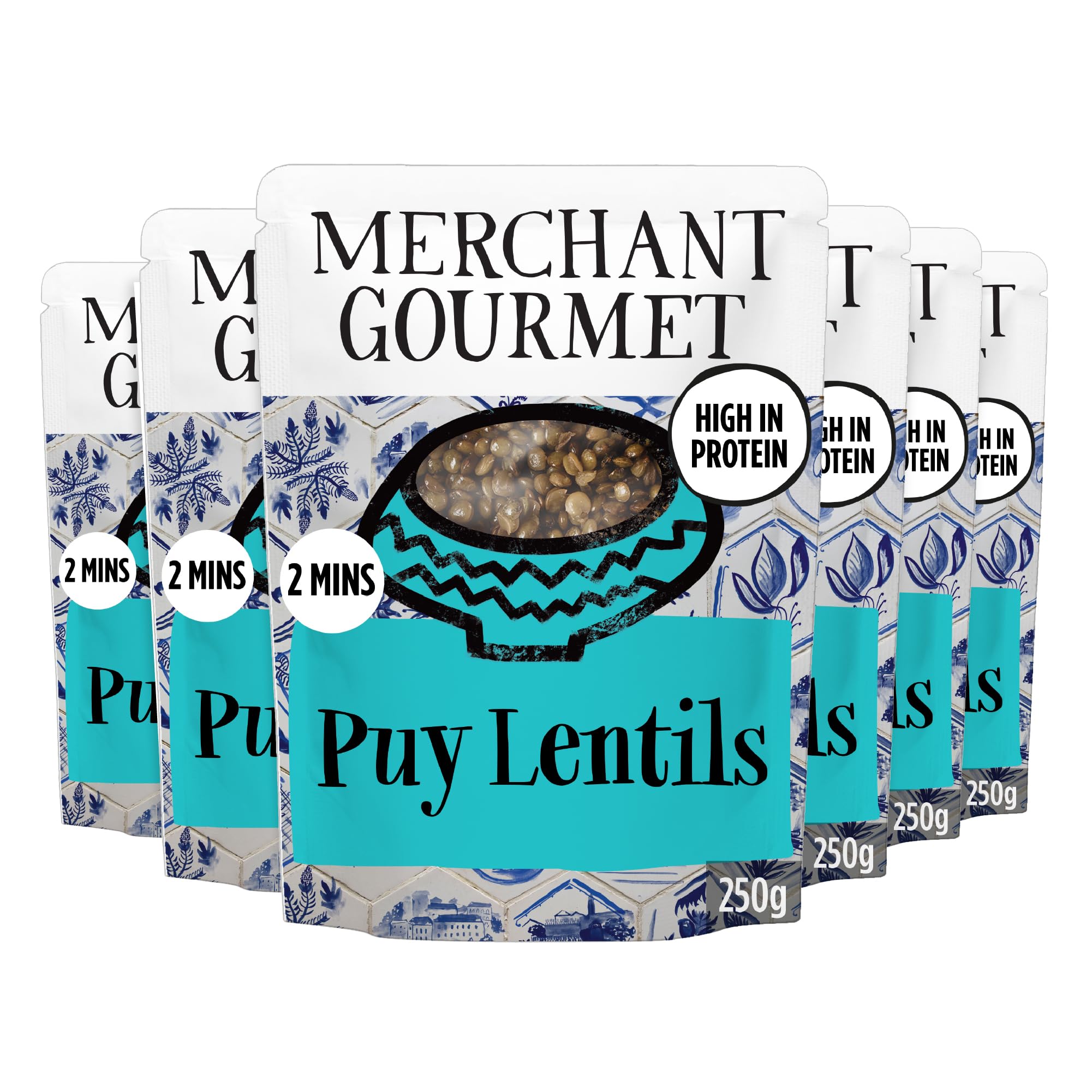 Merchant Gourmet Simply Cooked Puy Lentils - High in Protein, Low Fat, Source of Fibre & Vegan - Pack of 6 x 250g Ready-to-eat Pouches