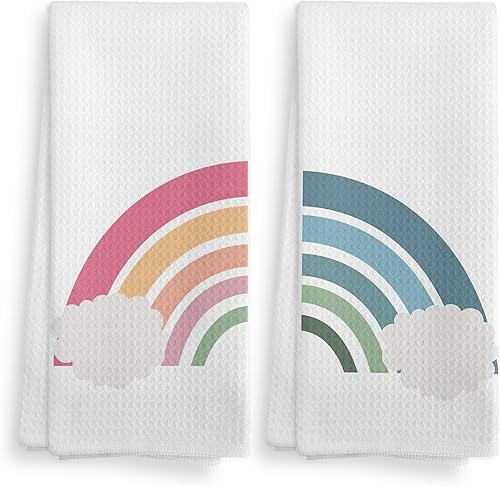 Juego de 2 paños de cocina y paños de cocina bohemios bohemios para cuarto de bebé, color rosa y azul, con estampado de nube arcoíris y azul,