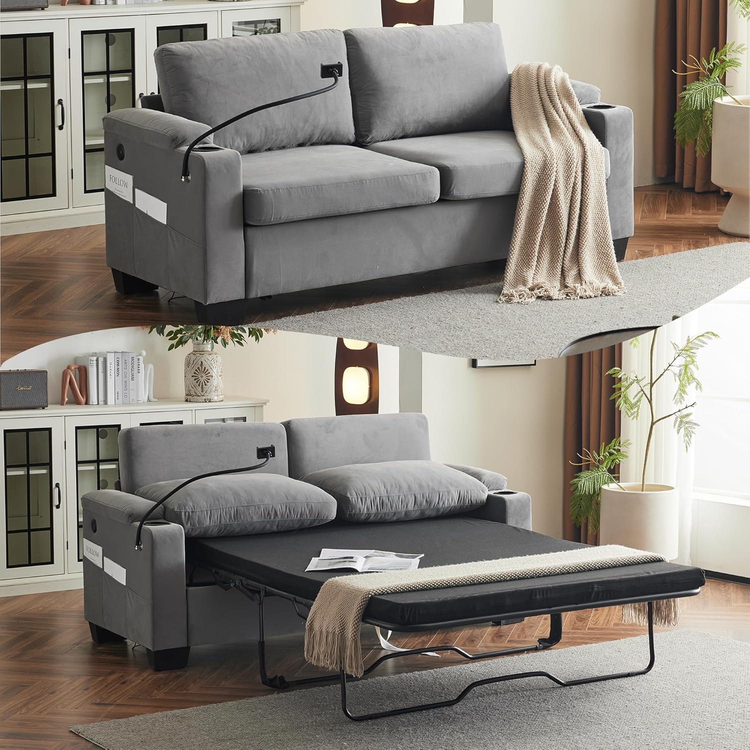 74'' Chenille Sleeper Sofa Couch with Pull Out Sofa Bed and Cup Holders, 2 in 1 Convertible Loveseat Futon Couches with USB and Type-C Charge Port, Sofas Beds for Living Room, Dark Grey