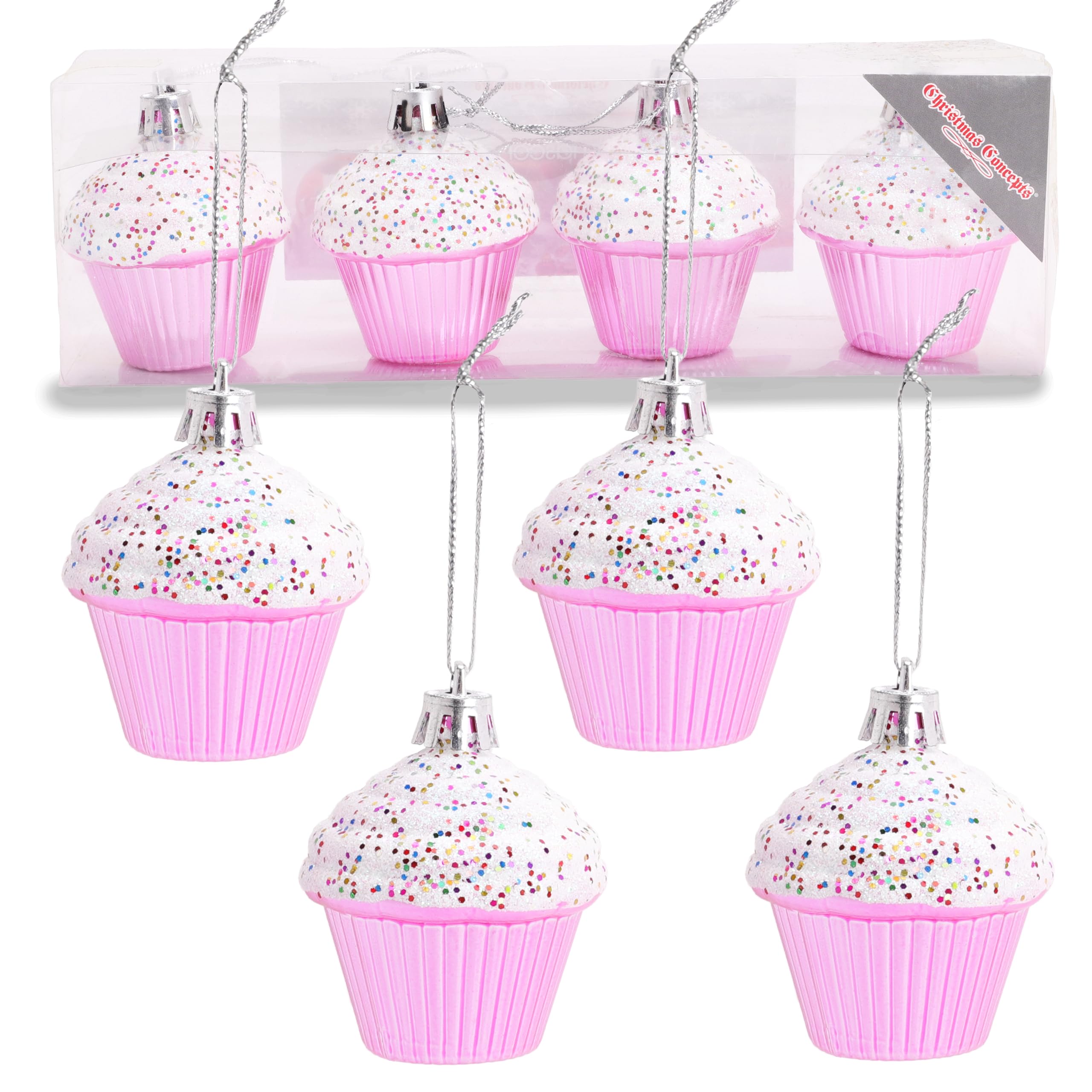 Christmas Concepts Baby Pink Christmas Concepts® Pack Of 4-60Mm (2.3") Glittery Festive Cupcake Baubles - Christmas Tree Decorations