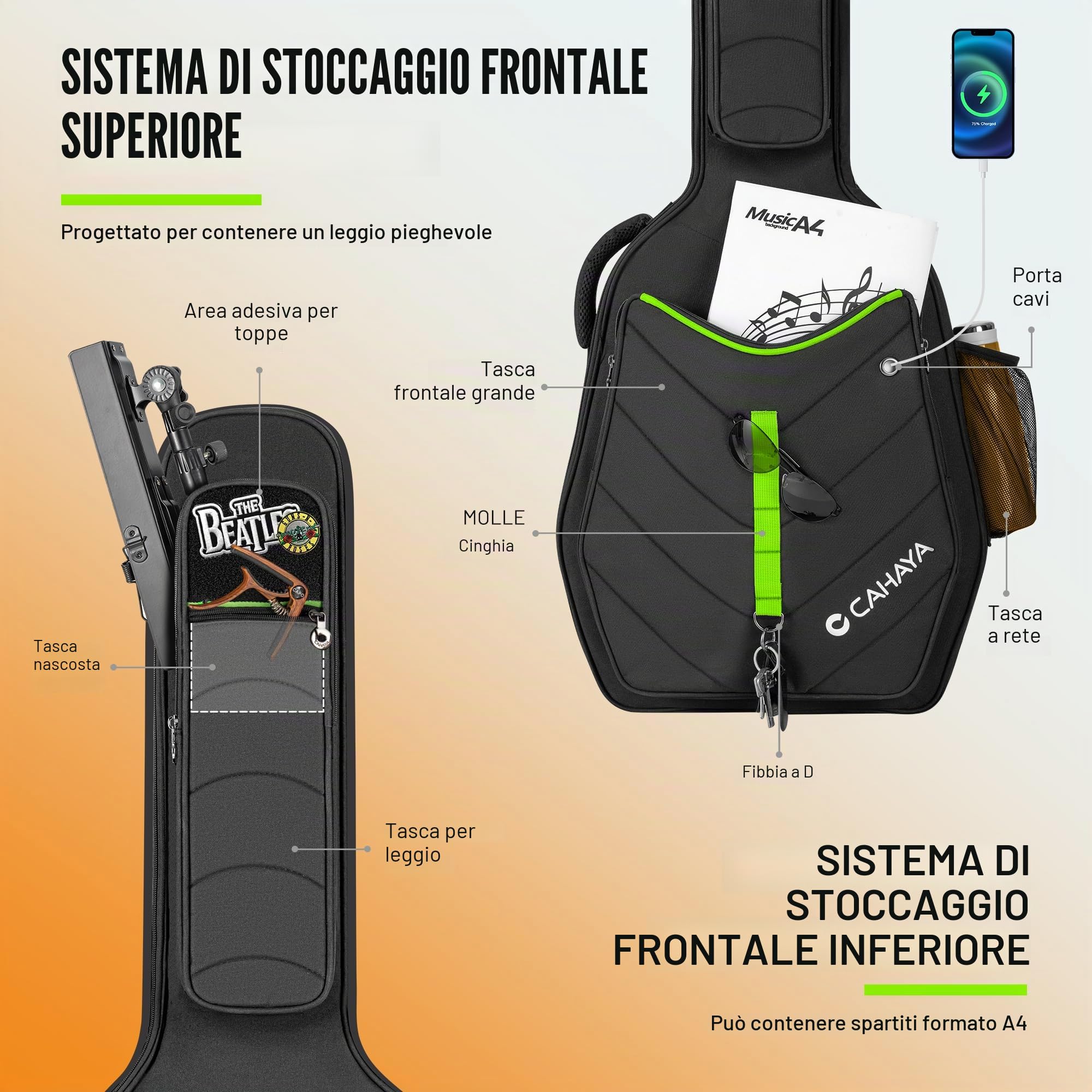 CAHAYA Custodia Softshell Imbottita per Chitarra: Adatta per chitarre acustiche da 40, 41 e 42 pollici, spessore 12 mm, con tasche anteriori, posteriori e laterali, design outdoor alla moda