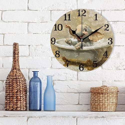 Miniatura 3 de Reloj de pared redondo de 10 pulgadas para cocina, silencioso, arte, elefante, bañera, vintage, único, para oficina, cocina, sala de estar, reloj de