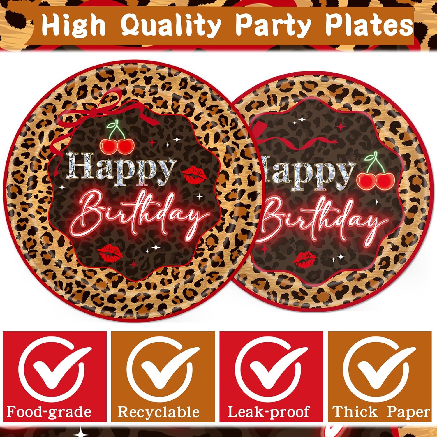 Cheetah and Cherry Birthday Decorations - 96 PCS Cheetah Print Cherry Plates Napkins Forks Tableware, Girls Night Women Bday Disposable Leopard Print Dinnerware Supplies 24 Guests - Image 3