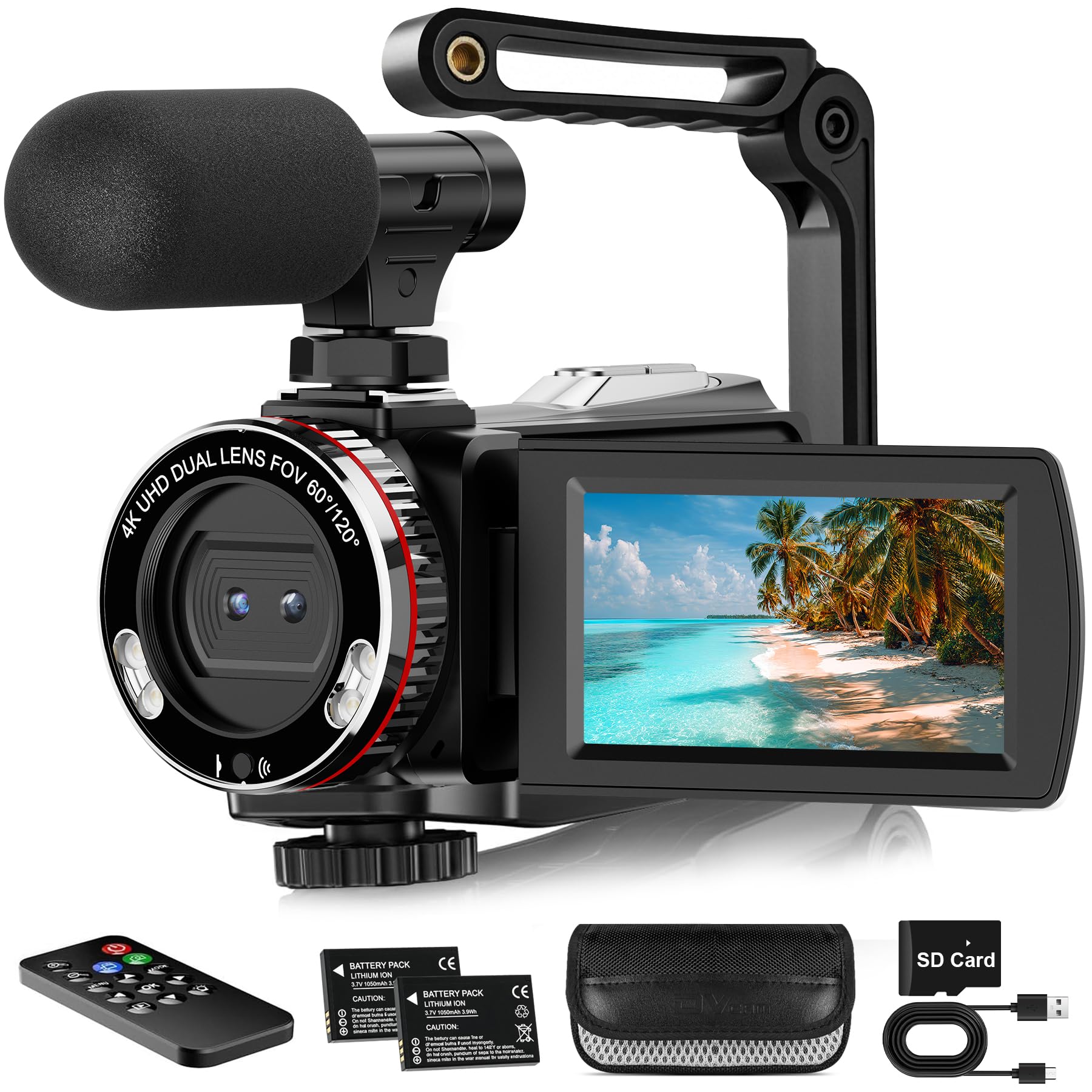 Videocamera 4K, foto 64 MP/registratore video 4K 60 FPS, videocamera digitale per vlogging su YouTube, con 2 batterie/microfono wireless/scheda SD/telecomando