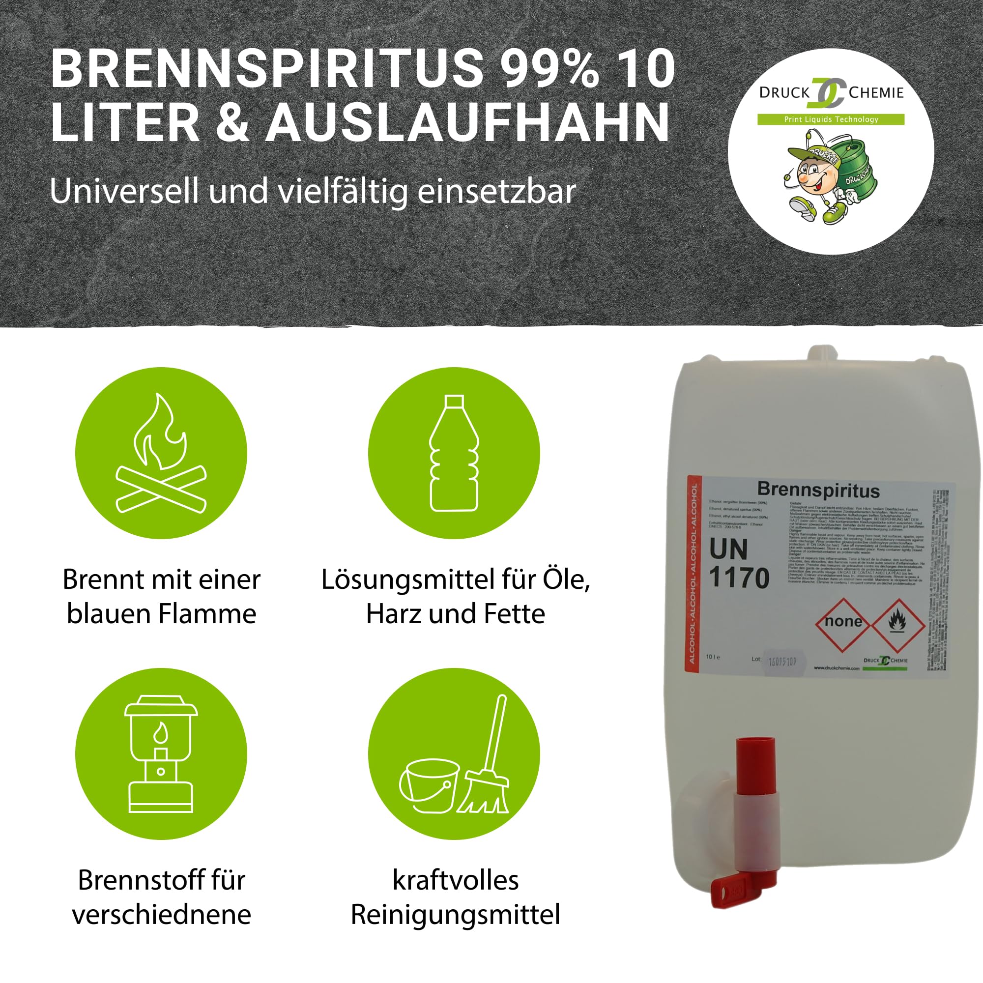 Brennspiritus 10L, 99% + Auslaufhahn - Alleskönner für Haushalt, Freizeit & Handwerk - Reinigungs Spiritus, Kaminbrennstoff