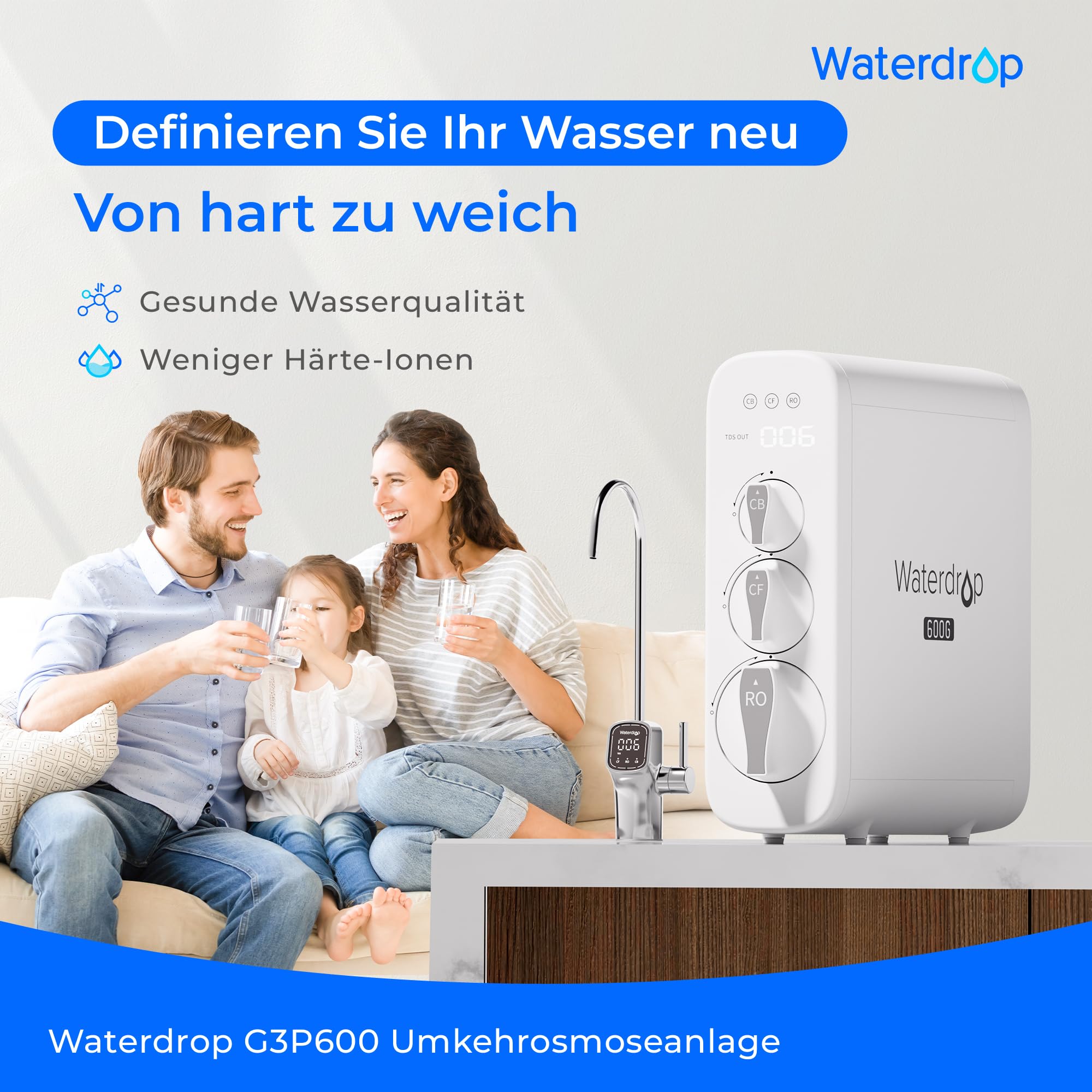 Waterdrop G3P600 Umkehrosmoseanlage, 600 GPD, 8000 Liters, Entkalkungsanlage RO System unter der Spüle, Reduziert TDS, 2:1 Rein zum Abfluss, Intelligenter LED-Wasserhahn