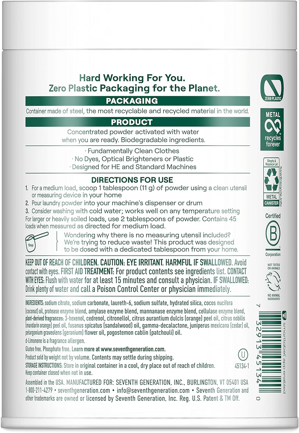 Seventh Generation Zero Plastic Laundry Detergent Powder Laundry soap Citrus and Sandalwood Water-activated formula 18.5 oz : Beauty & Personal Care