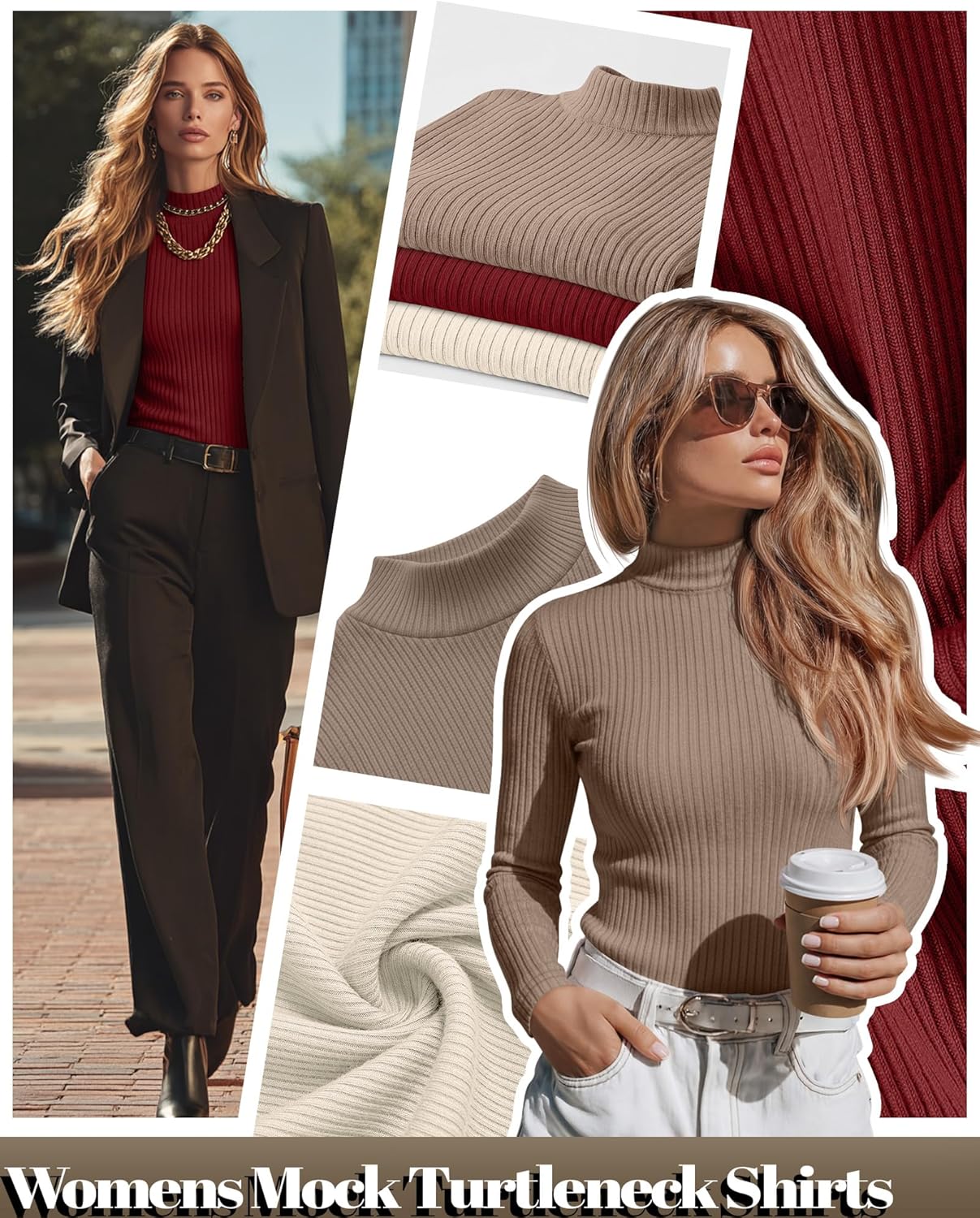 Riyiper 3 Pack Women's Ribbed Shirts, Mock Turtleneck Long Sleeve Tops Slim Fitted Undershirts Casual Basic Layering Tees - Image 5