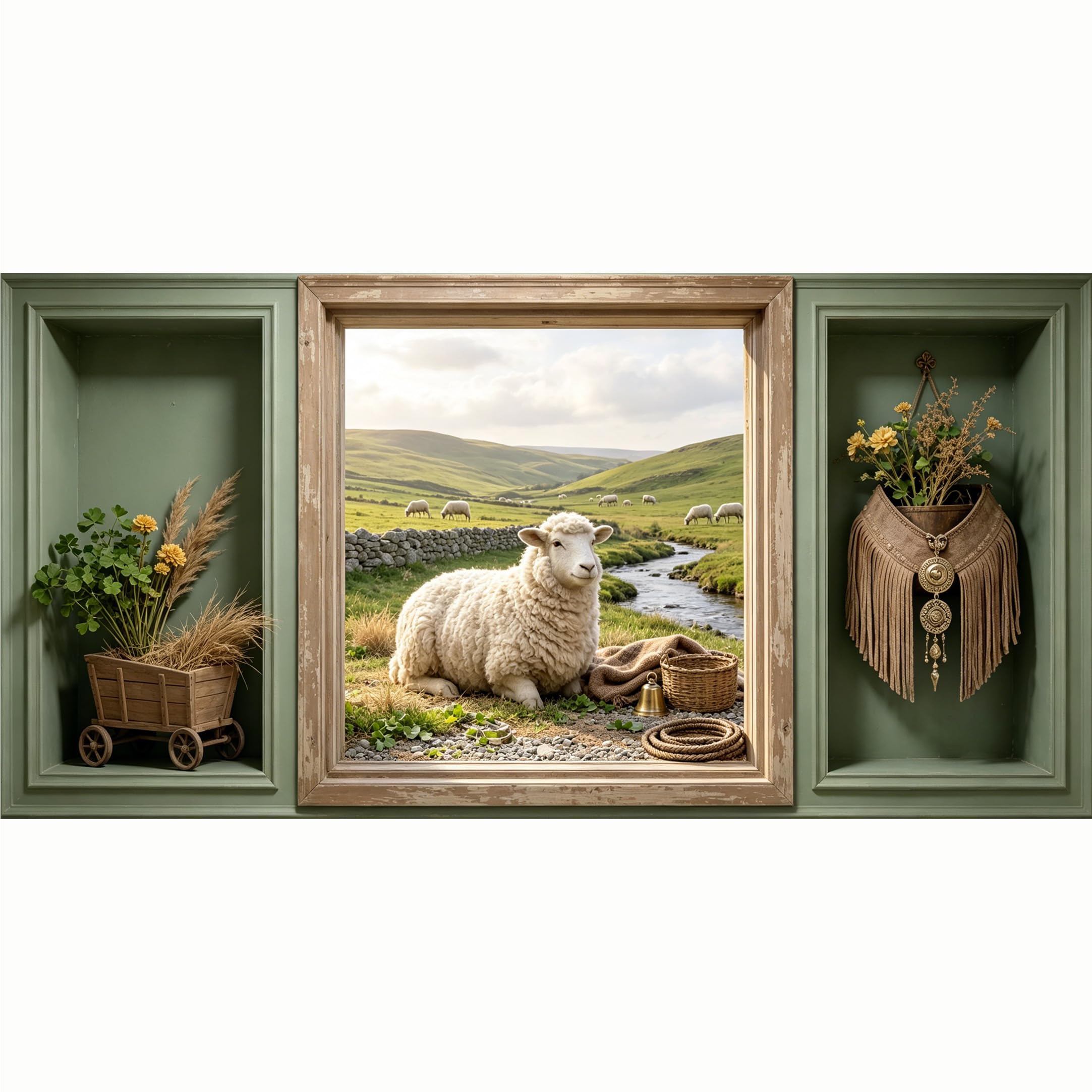 QZLITHOTIC 50x100cm 3D Framed Wall Art， Farmhouse Countryside Sheep Landscape Self‑Adhesive Mural， Water‑Activated Peel & Stick Fabric Decor Wall Decal for Bedroom Living Room