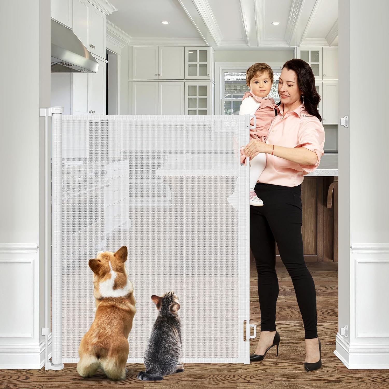 48 Inch Extra Tall Pet Gate 55" Wide Retractable Baby Gates, Extra Tall Cat Gate Indoor/Outdoor Retractable Gate Tall Baby Gates for Dogs Extra Tall Gates for Cats - No Jumping Over, White White (48" Tall x 55" Wide)