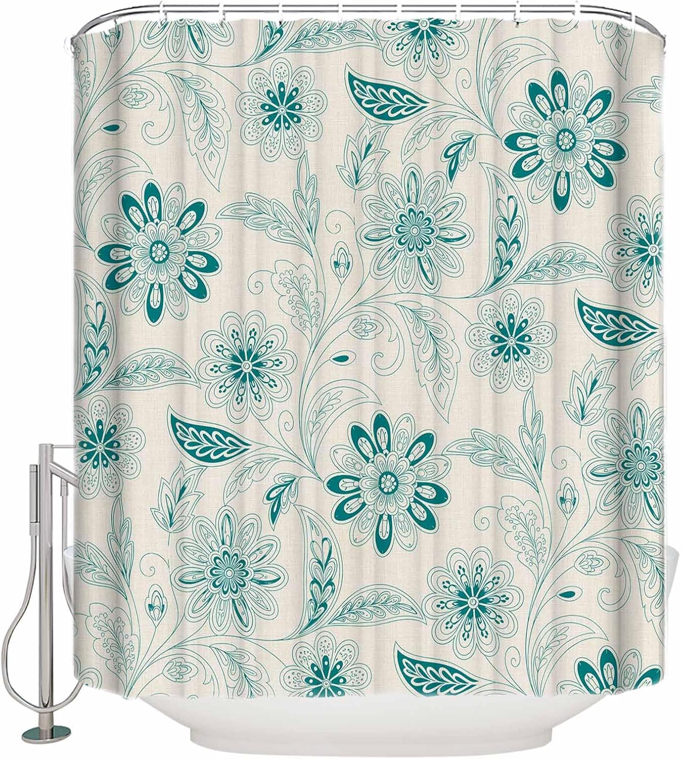 Paisley Turquoise Shower Curtain Set with Hook 60" x 72",Boho Vintage Flower Traditional Tribal Washable Cloth Polyester Fabric Shower+Curtain,Bath Curtains for Bathroom,Showers,Bathtubs Accessories