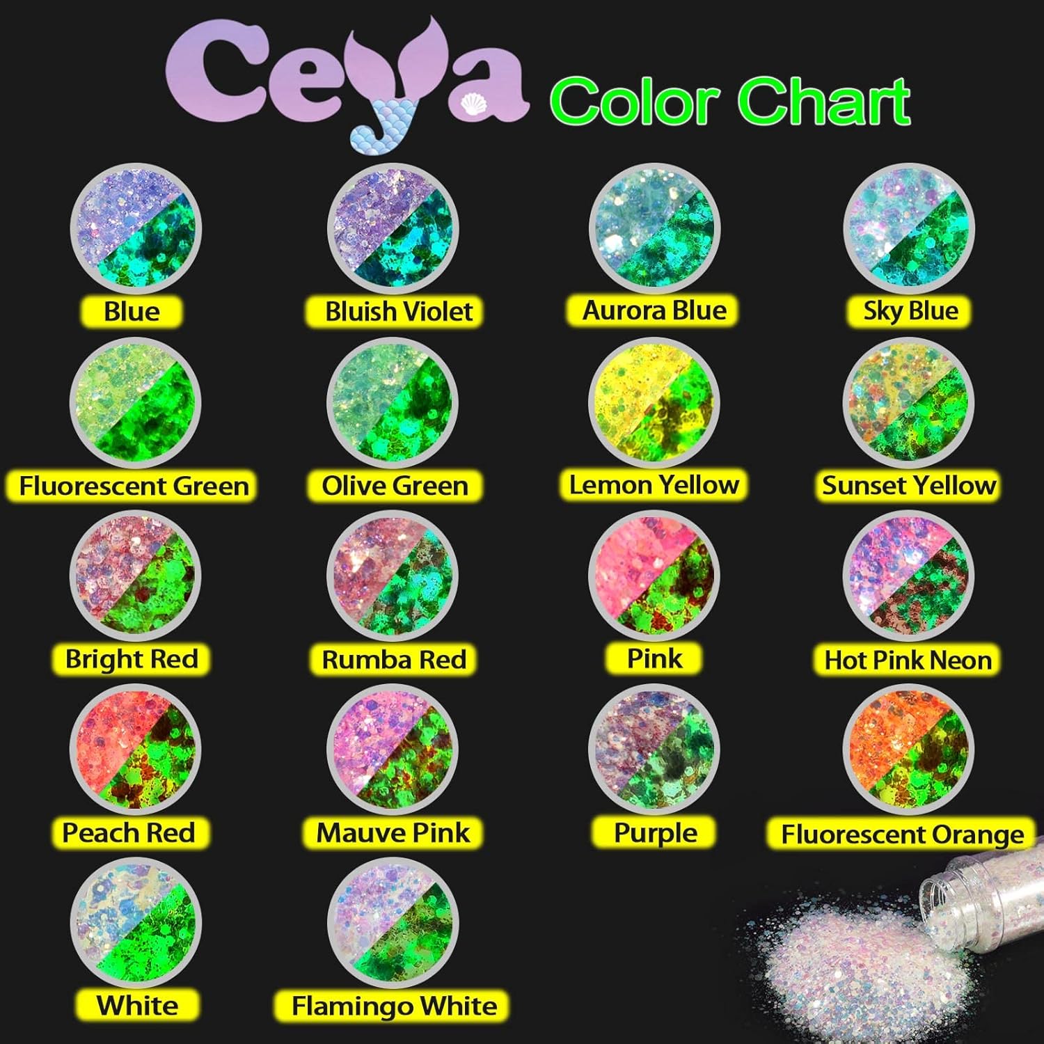 Ceya Glow in The Dark Glitter Set 18 Colors, 6.3 oz/ 180g Luminous Chunky Glitter Mix Fine Powder Flakes Fluorescent Nail Sequins for Epoxy Resin, Tumblers, Halloween Party, Festival Decor - Image 3