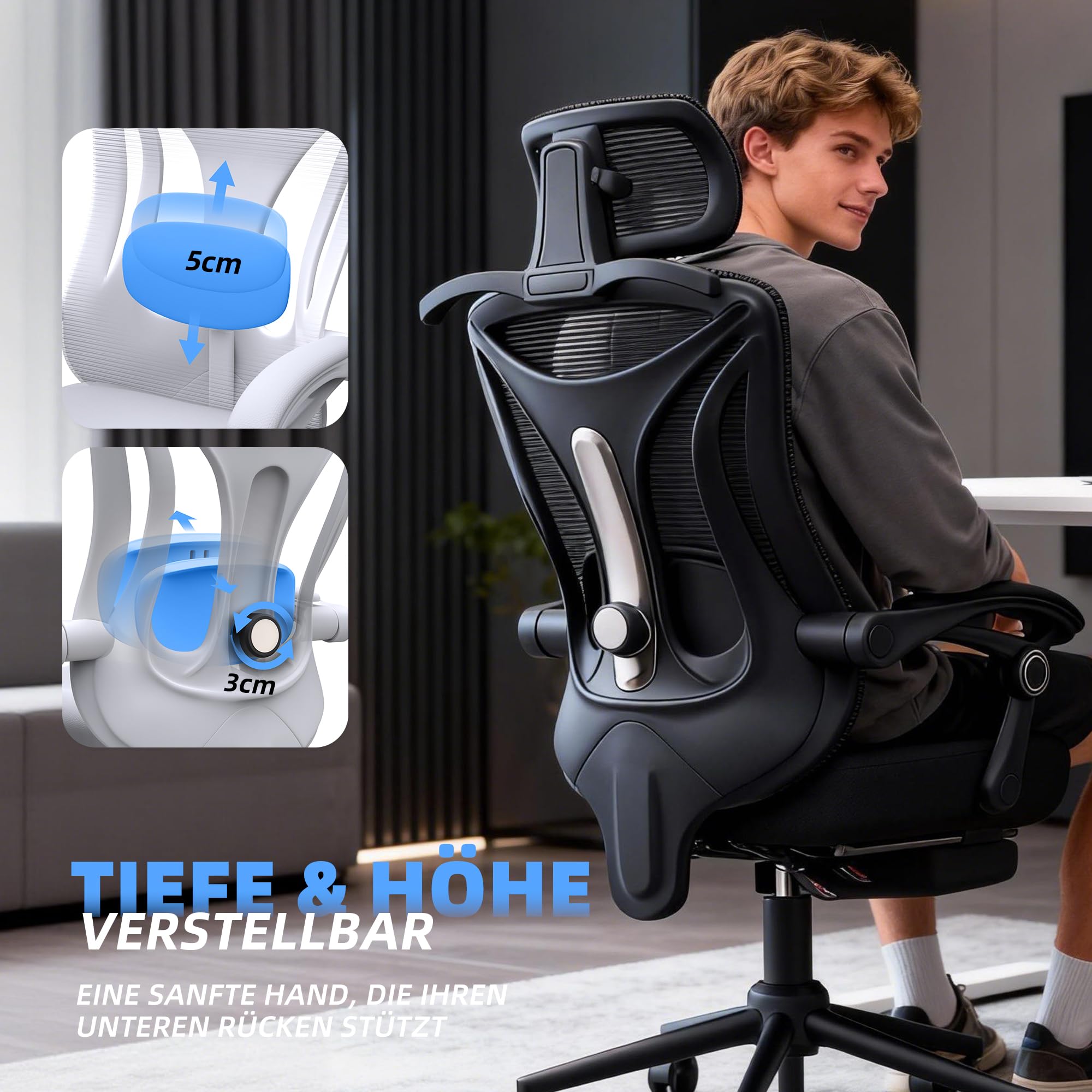 CYKOV Ergonomischer Bürostuhl mit Fußstütze, Büro Stuhl & Gaming Stuhl 150 kg+, 90-160° Verstellbare Rückenlehne, Verstellbare Lendenwirbelstütze und Kopfstütze, PC Stuhl & Drehstuhl für Home Office