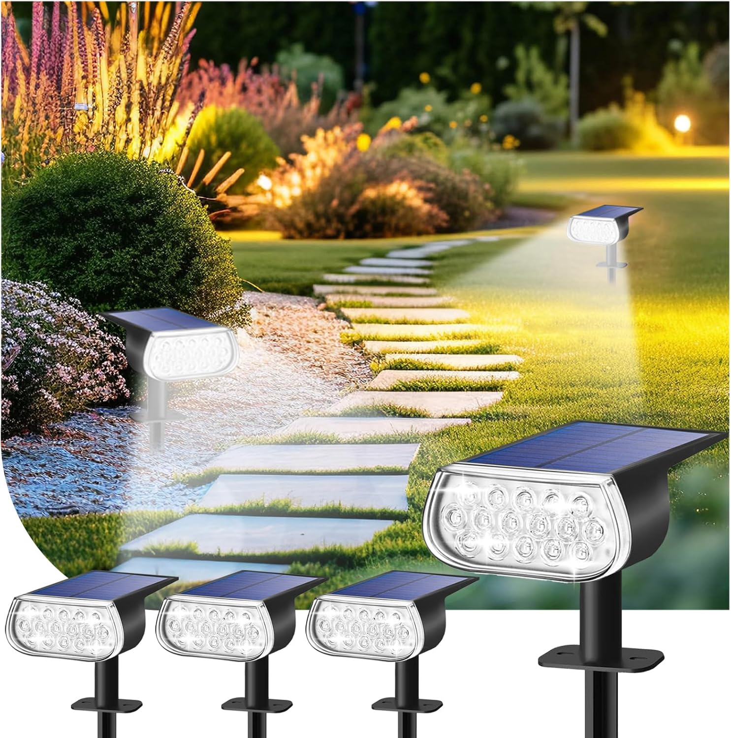 Solar Spot Lights Outdoor, IP67 Waterproof Landscape Spotlights 3 Lighting Modes Solar Outdoor Lights Dusk to Dawn for Yard Garden Pathway 4 Pack