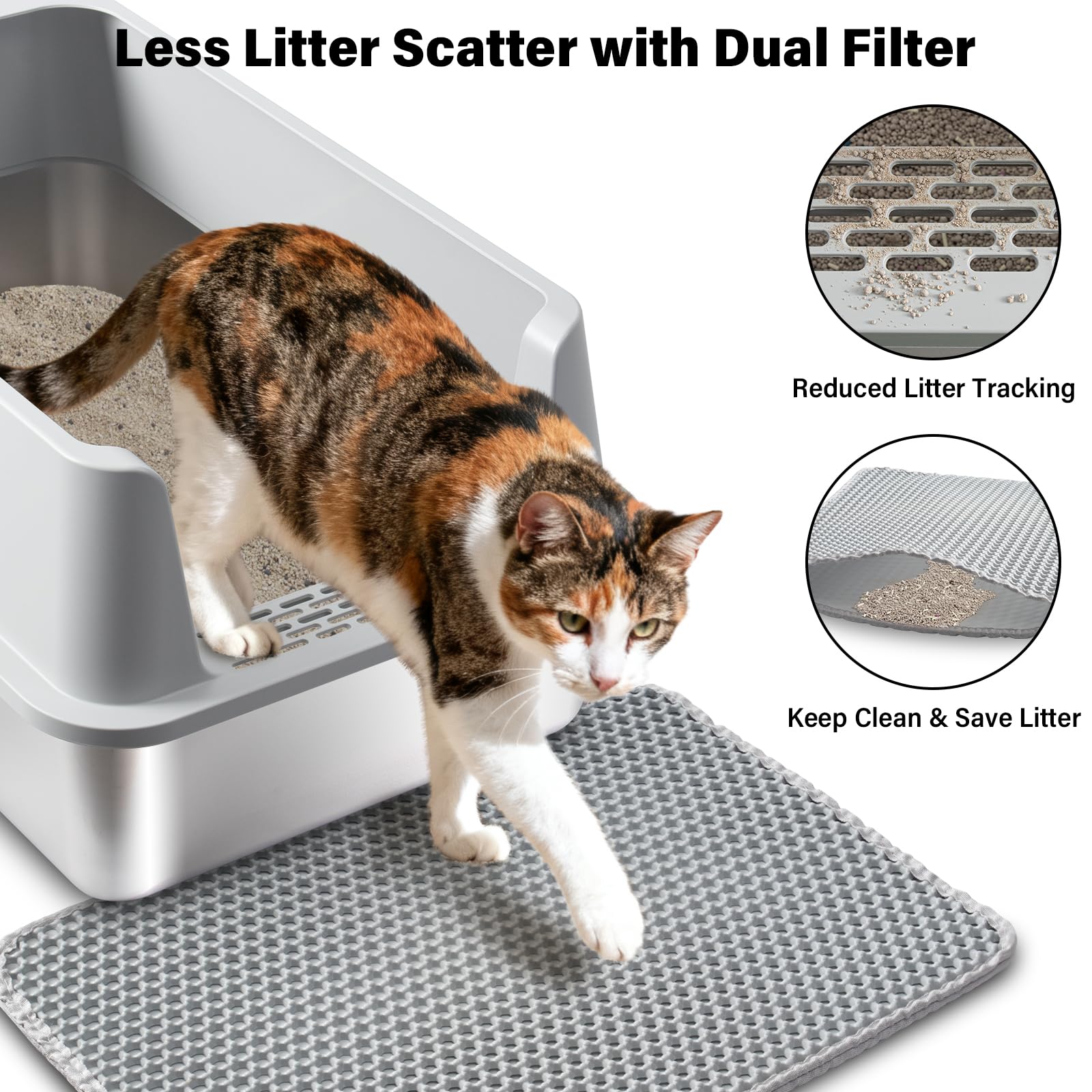 Holintan Stainless Steel Litter Box with Lid, XL Metal Litter Box, Anti-Urine Leakage Cat Litter Boxes Extra Large for Big/Multiple Cats, Never Absorbs Odors, Non-Stick, Includes Scooper and Mat - image 3