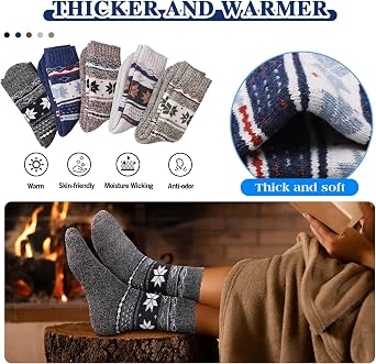 Yeblues 5 Pairs Winter Christmas Wool Socks Warm Thick for Men, Thermal Wool Hiking Socks, Breathable Cozy Crew Socks