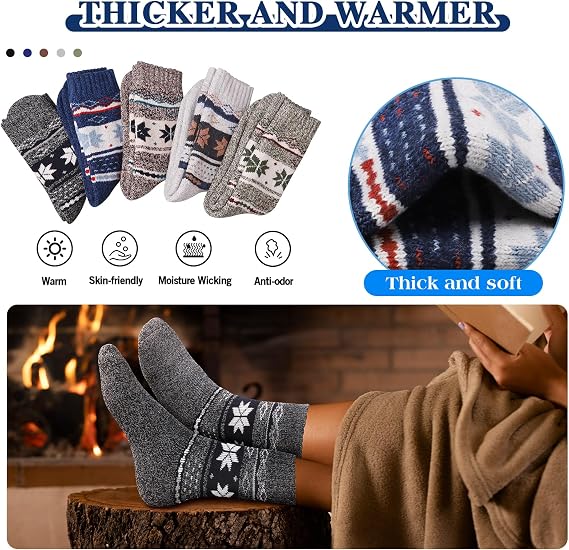 Yeblues 5 Pairs Winter Christmas Wool Socks Warm Thick for Men, Thermal Wool Hiking Socks, Breathable Cozy Crew Socks