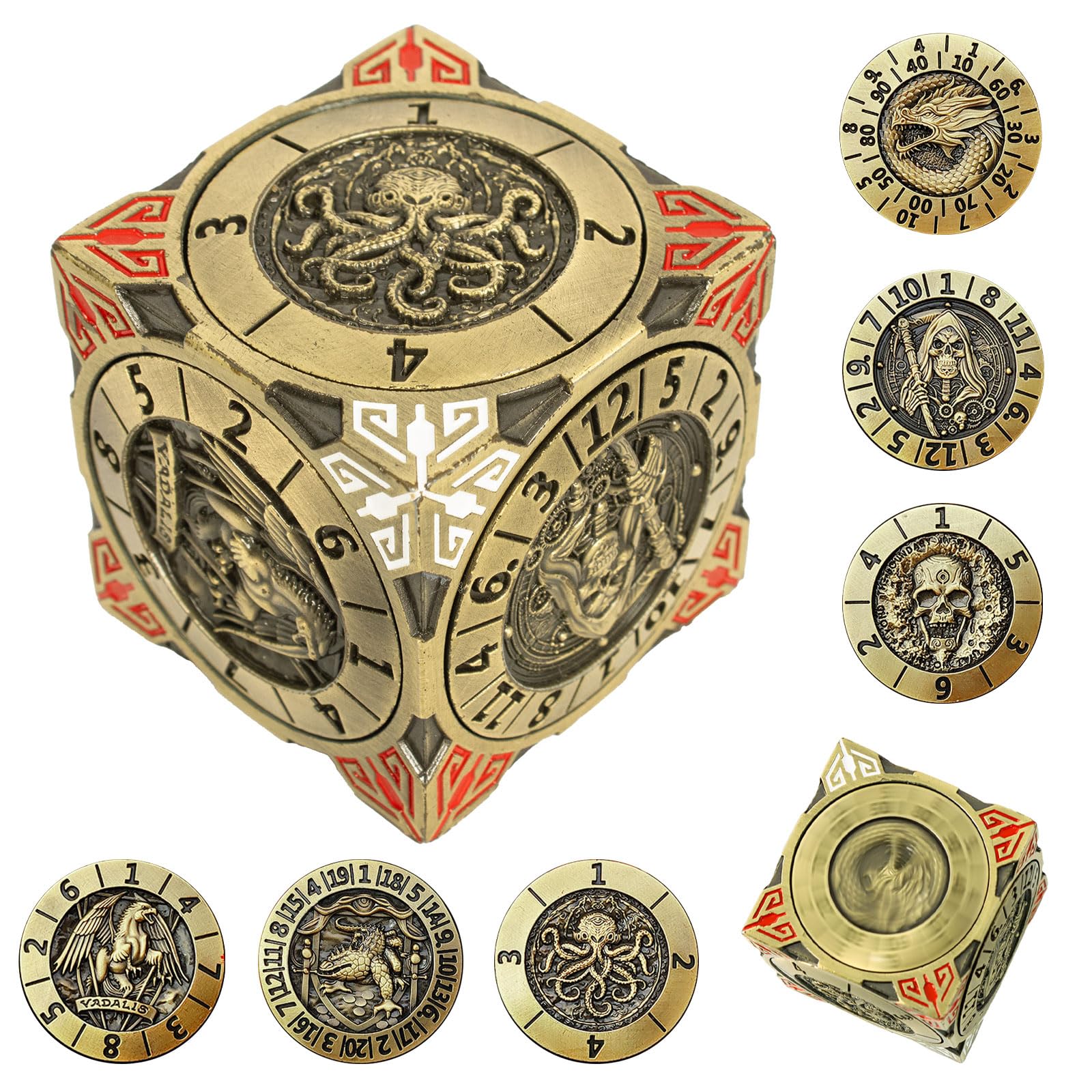 Dés à Spinner DND - Jeu de dés en métal 7 en 1 avec design de dragon en relief 3D | Design unique de rotation pour Dungeons & Dragons RPG Polyèdre Jeu de dés pour D&D et DM (bronze)