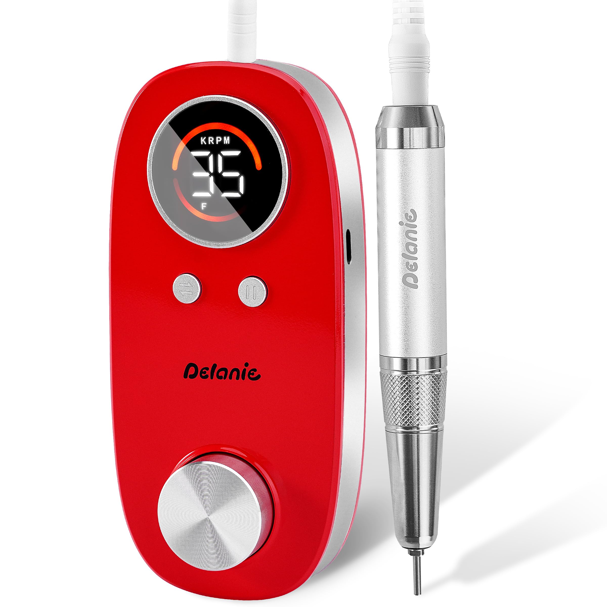 Delanie Torno para Uña con motor sin núcleo profesional de 35 000 rpm, inalámbrica recargable de 5000 mAh con pausa Bonton para manicura y pedicura, incluye 7 puntas y 36 bandas abrasivas, rojo