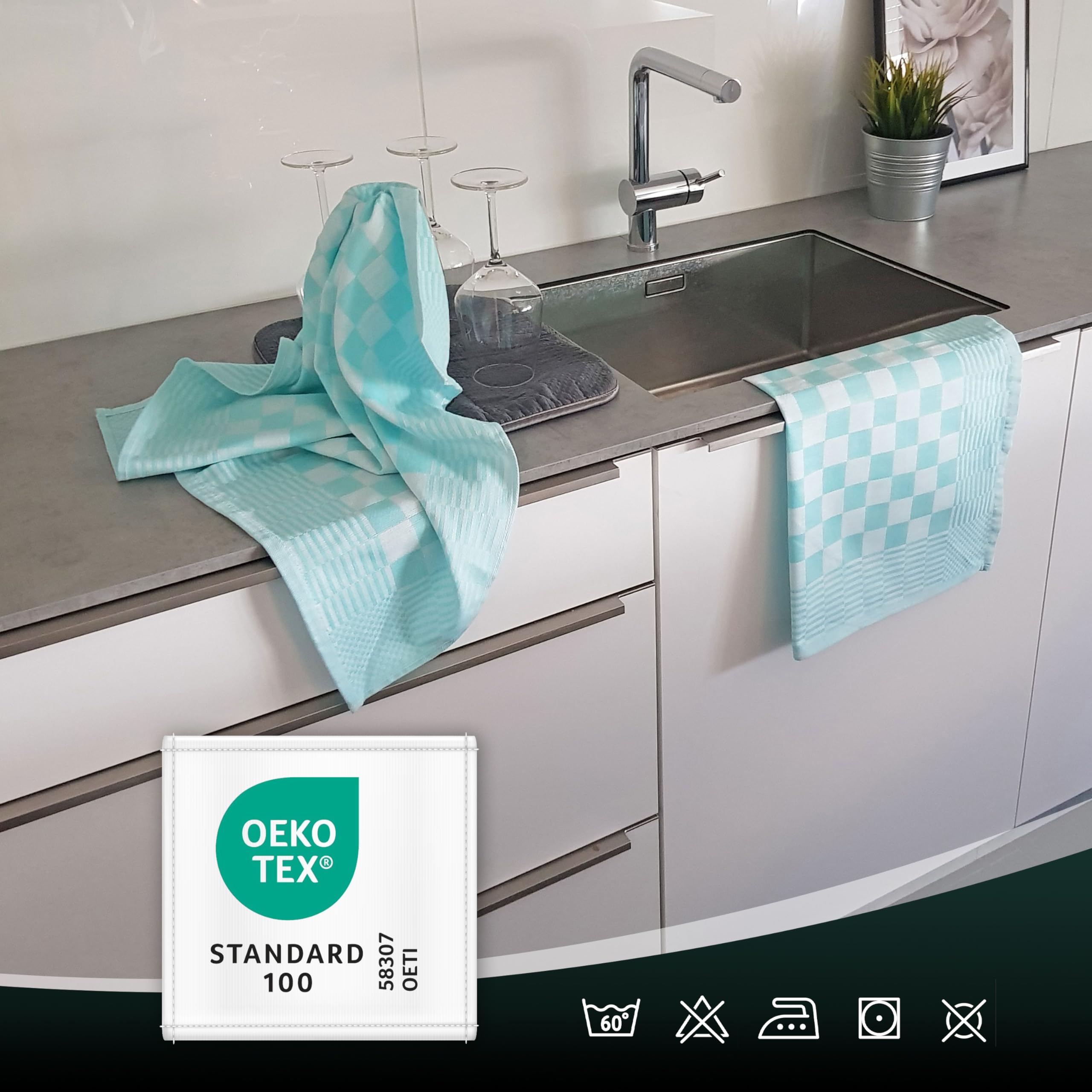 Lot De 6 Torchons En Coton à Carreaux Noir – 65x65 Cm – Extrêmement Absorbants, Lavables à 60°C – Qualité Gastronomique Certifiée Oeko-Tex