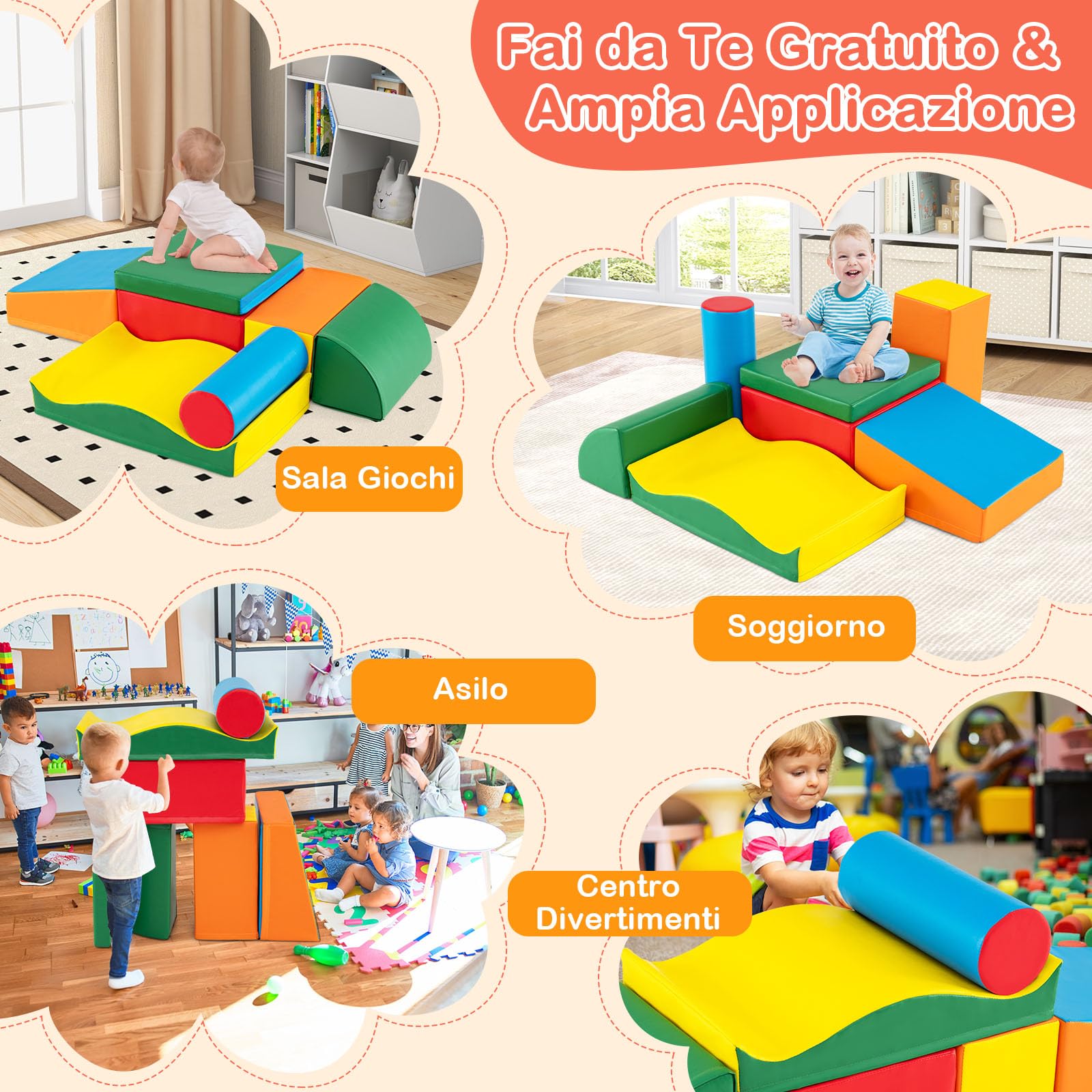 RELAX4LIFE Set di Blocchi Morbidi per Bambini, Blocchi da Costruzione in Schiuma, Set di 7 Blocchi con Diverse Forme e Colori, Giocattoli Educativi, Copertura Impermeabile, per Casa, Scuola e Asilo