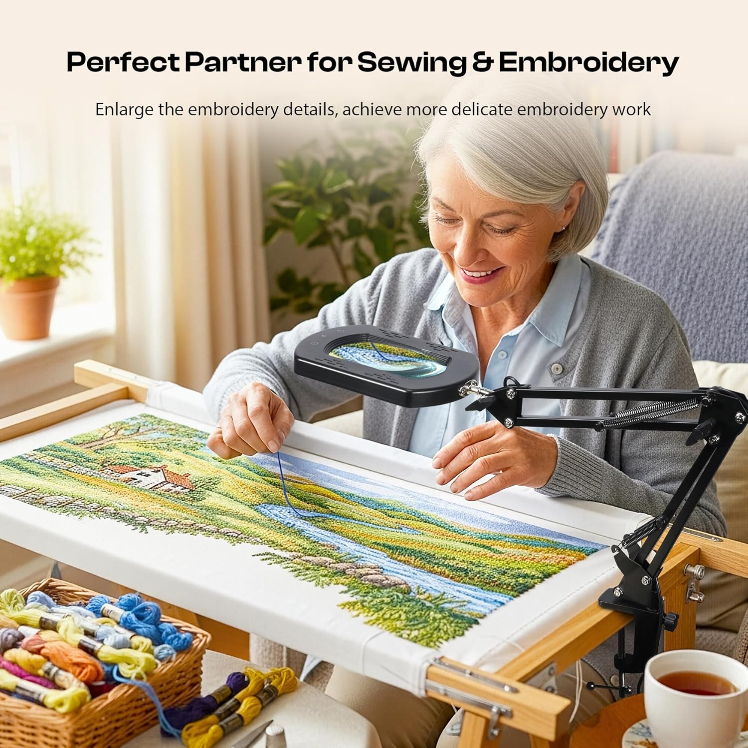 Caydo 10X Magnifying Glass with Light and Stand for Embroidery, Reading, Sewing and Painting Close Work, 5 Color Hands-Free Magnifying Desk Lamp