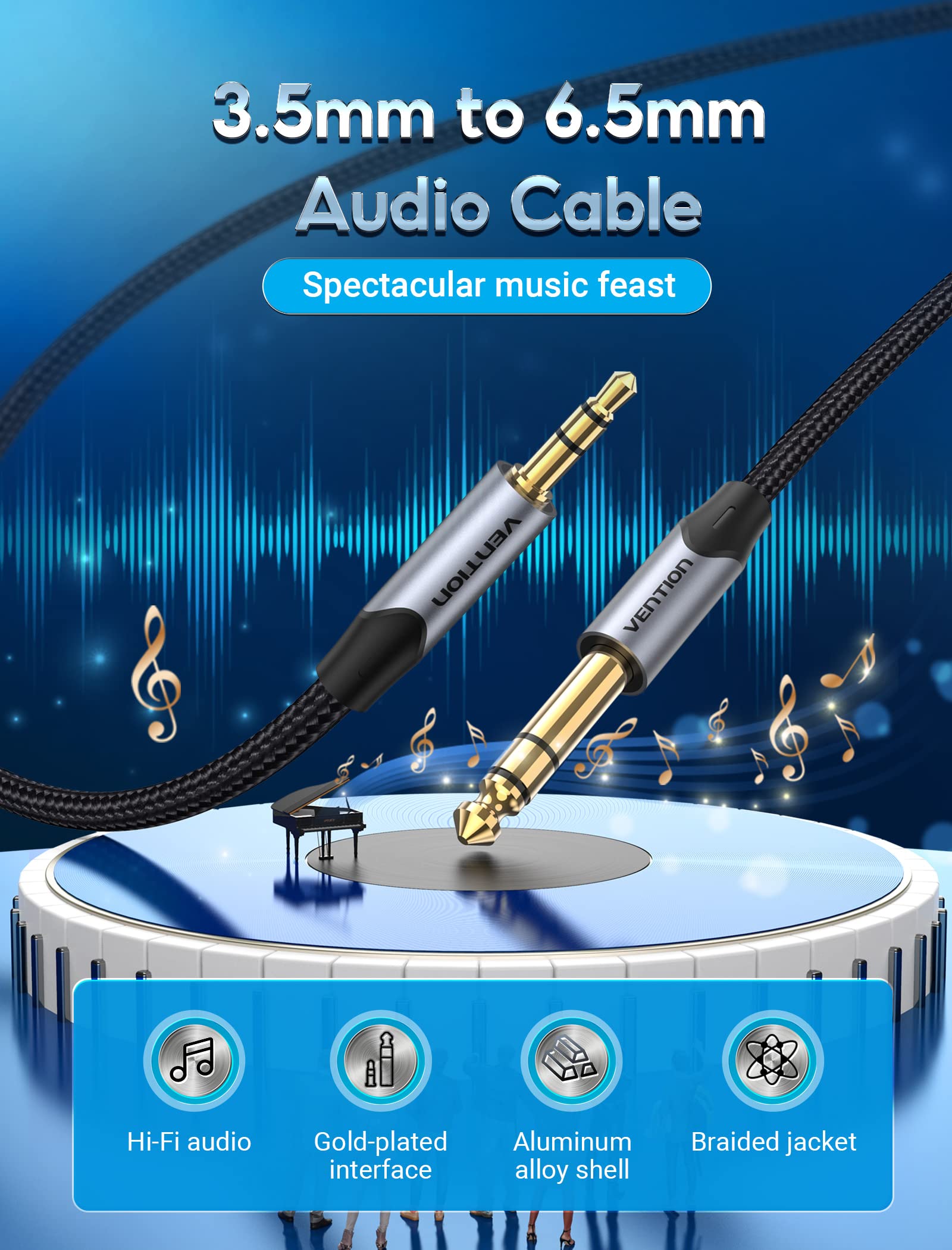 VENTION Cavo Jack da 3,5 mm su Cavo Jack Stereo AUX da 6,35 mm da 1/4" a 3,5 mm da 1/8" TRS Maschio a Spina per Laptop, Altoparlanti, Amplificatori, Bassi, Mixer 5m