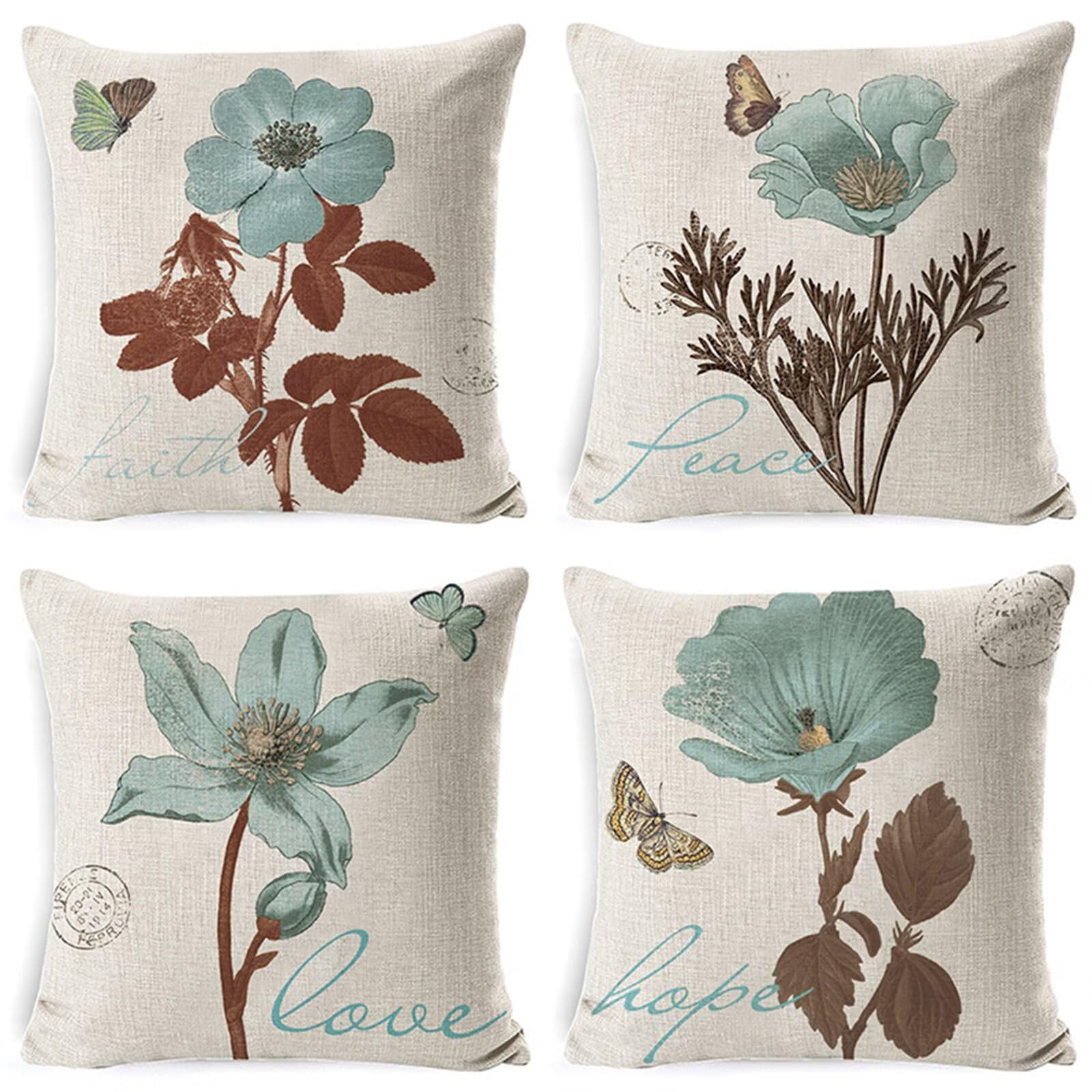 Juego de 4 Impermeable Funda de Cojín Flores Azules,55x55cm Moderno Suave Transpirables Lino Fundas de Almohada Cojines Decorativos con Cremallera Oculta para Exterior Sofá Cama Coche Hogar