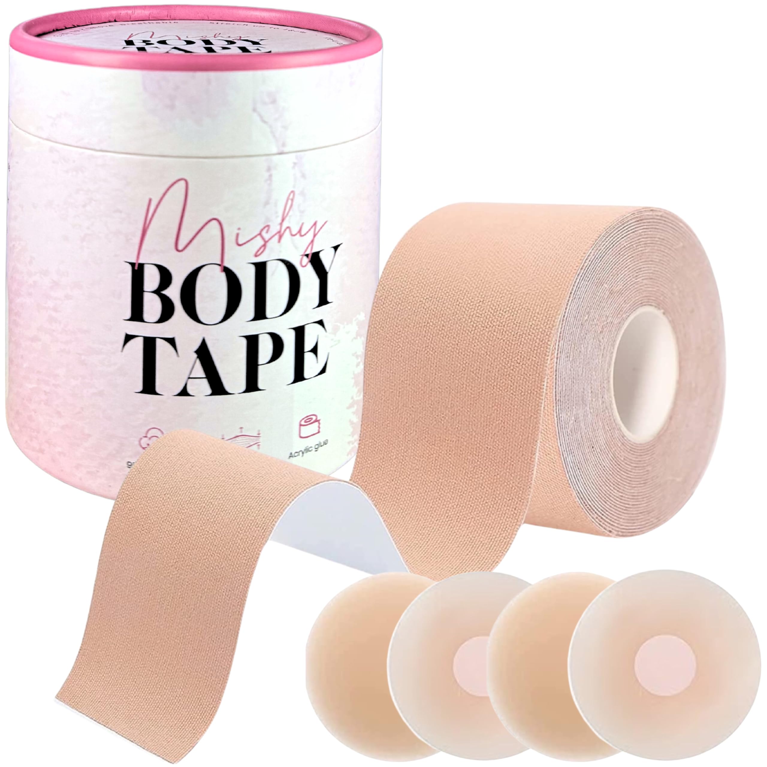 MishyUK Boob Tape & Silicone Nipple Covers - Invisible Support for Strapless, Backless Dresses, Hypoallergenic, Strong Adhesive, Easy Apply, 7m Roll, Reusable, Boosts Confidence.