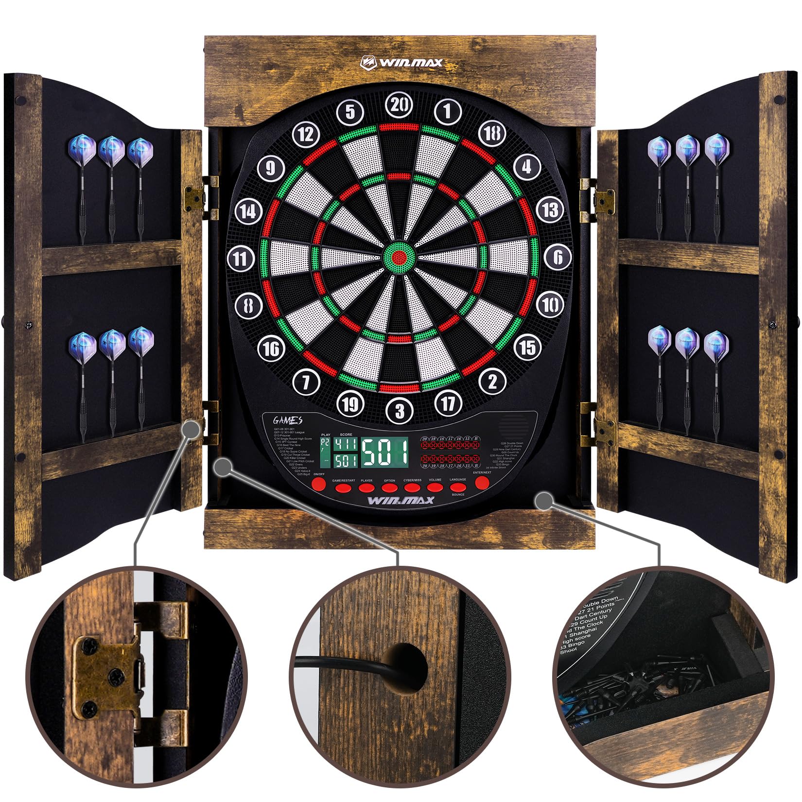 Cible de fléchettes électronique 34 Jeux avec 354 Variantes avec Armoire et 12 fléchettes à Pointe Souple