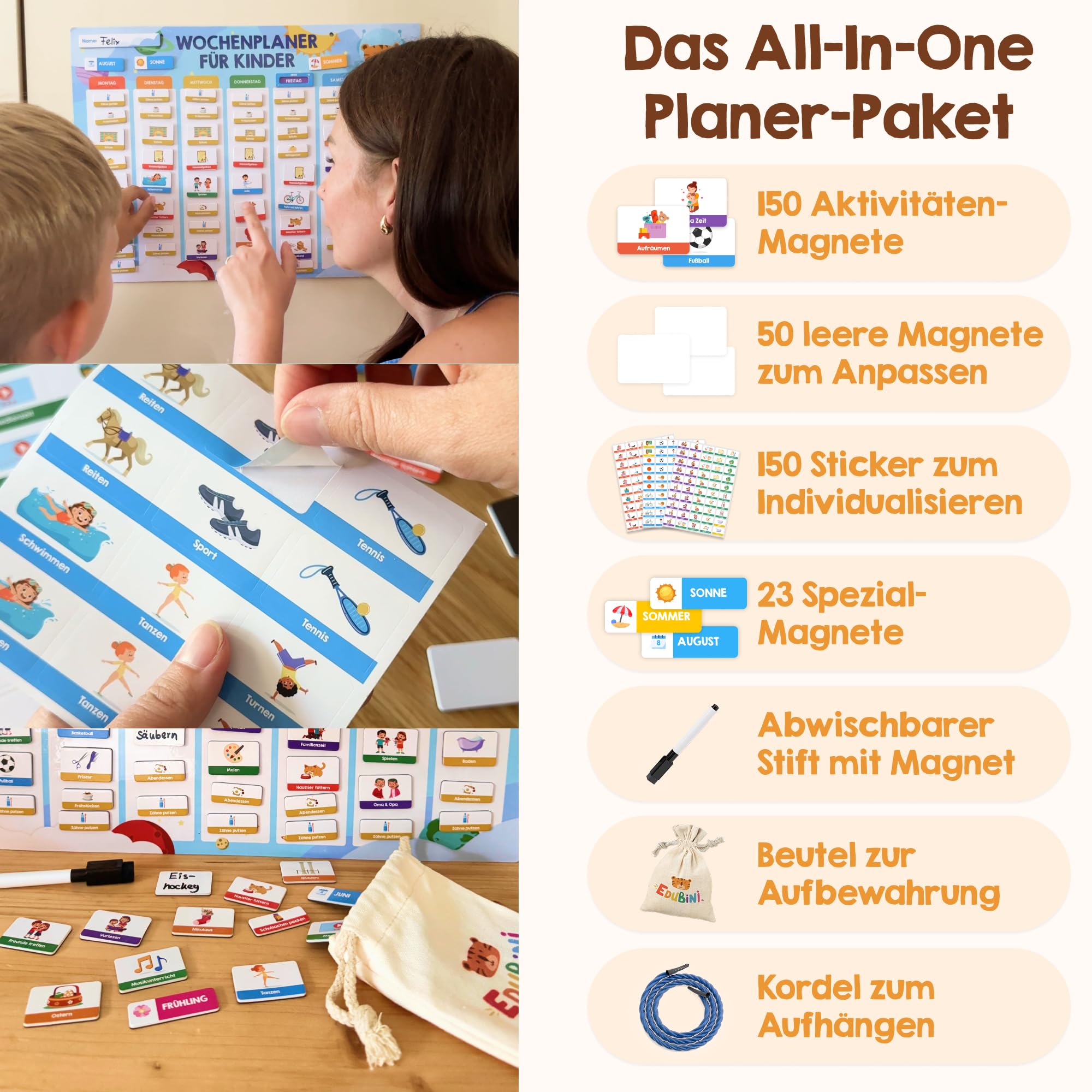 Edubini Wochenplaner Kinder - [223 Magnete + 150 Sticker] - Routine Planer Kinder für Struktur im Alltag - Montessori Magnettafel, Tagesplaner, Aufgabentafel, Belohnungstafel - (inkl. Tasche, Stift)