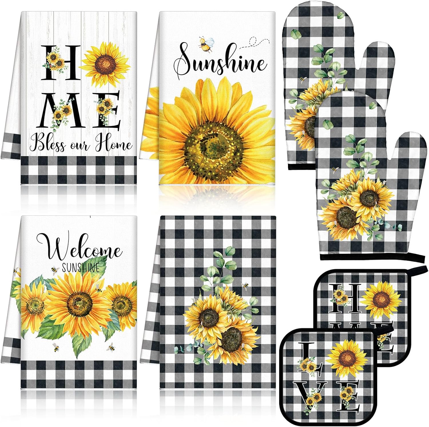 Leinuosen 8 Pcs Sunflower Checkered Kitchen Towels and Dishcloths Sets Oven Mitts and Pot Holders Sets Absorbent Kitchen Gloves Potholders Heat Resistant for Chef Baking Cooking