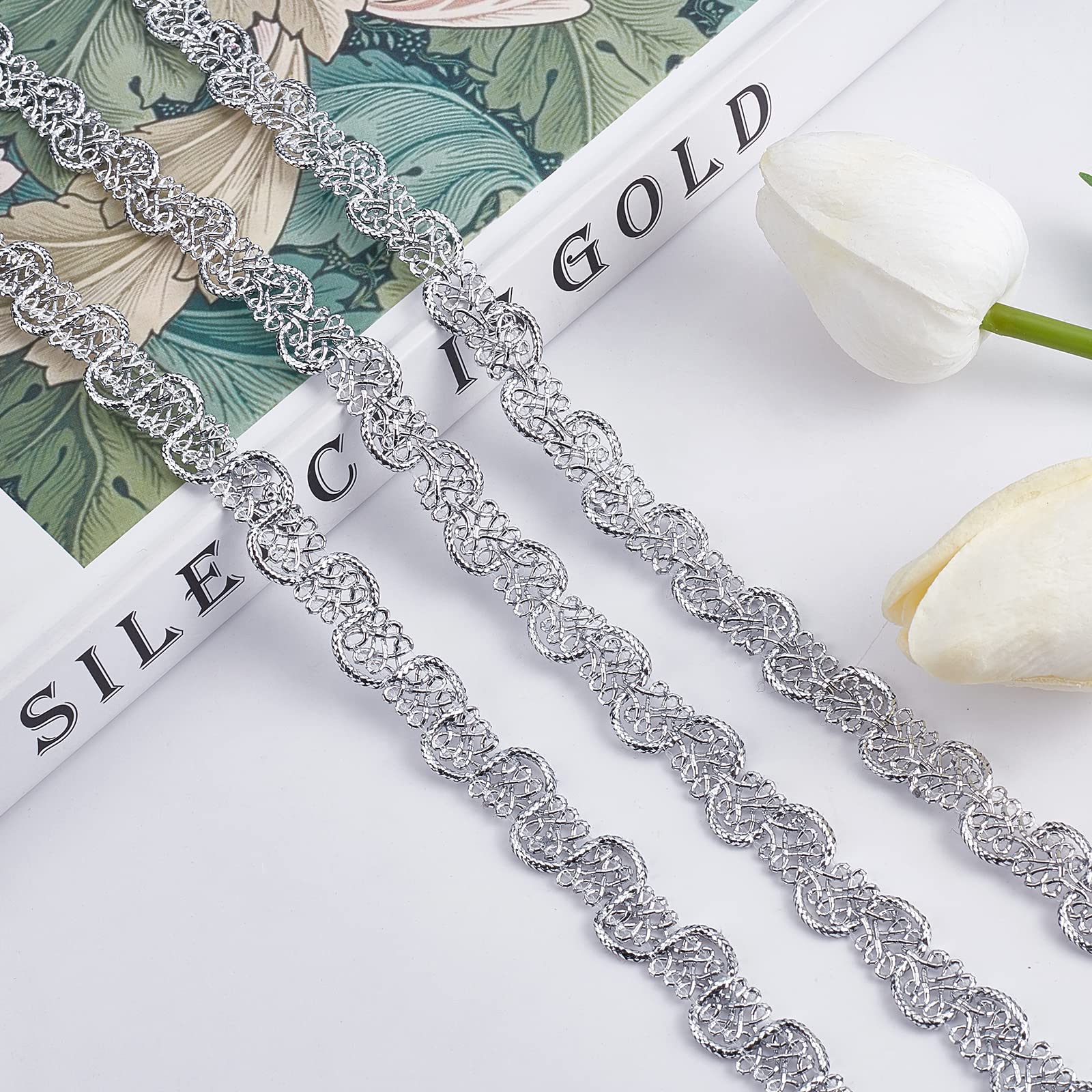 GORGECRAFT 13m di Pizzo A Treccia Metallica 25mm di Larghezza Nastro Ondulato A Fiore Decorato Bordo Veneziano In Oro con Paillettes Paillettes Pizzo Cucito Artigianale per Costumi Da Sposa Decor