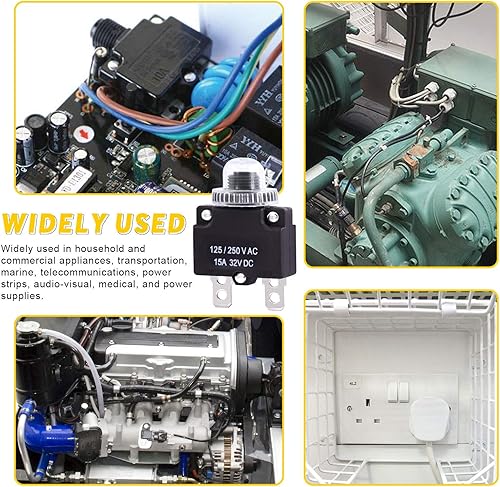 Miniatura 7 de Swpeet Disyuntor térmico de 30 piezas de 15 amperios con terminales de conexión rápida y tapas de botón impermeables, kit surtido de disyuntores de