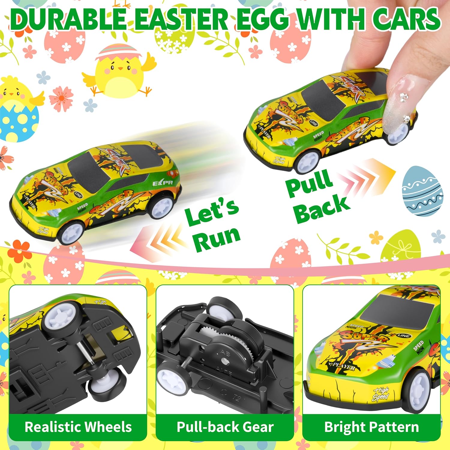 24Pack Prefilled Easter Eggs with Pull Back Cars,Mini Race Car Prefilled Easter Basket Stuffers Gifts Party Favors for Classroom Prizes Goodie Bag Egg Hunt