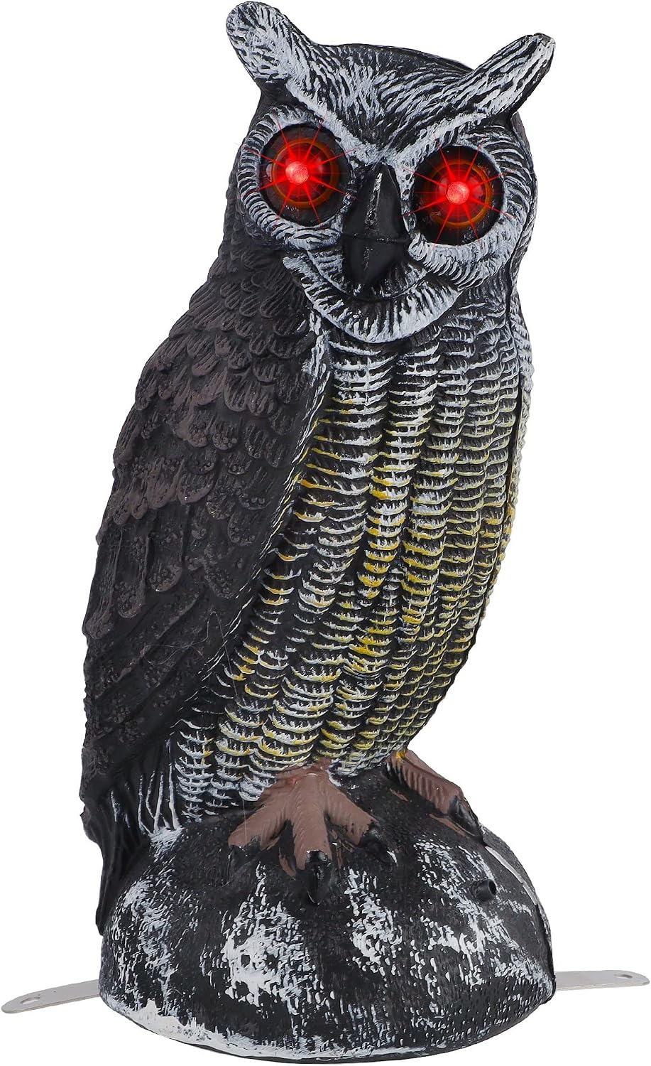 Hausse Solar Fake Horned Owl Statue, 10.2 Inch Solar Powered Halloween Motion Activated Scarecrow Deterrent Owl with Red Eyes, Scary Sound Bird Repellent Decoy Scare Birds Away for Garden Yard Outdoor