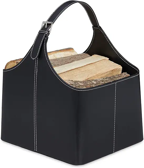 Relaxdays Faux Leather Wood Basket - Indoor Firewood Storage & Transport, Black