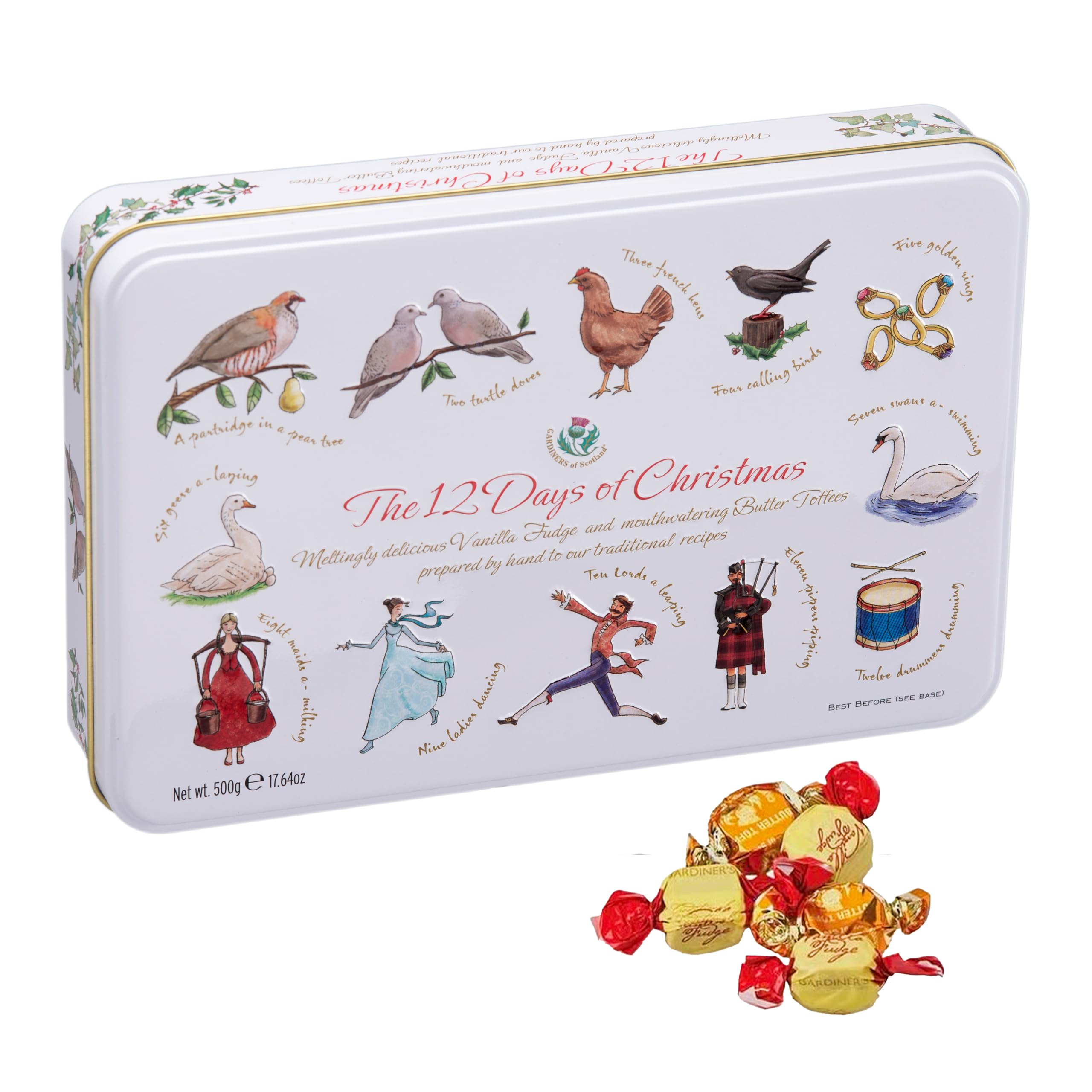 Gardiners of Scotland Handmade Fudge 400g Large Tin, 12 Days of Christmas Vanilla Fudge & Butter Toffees