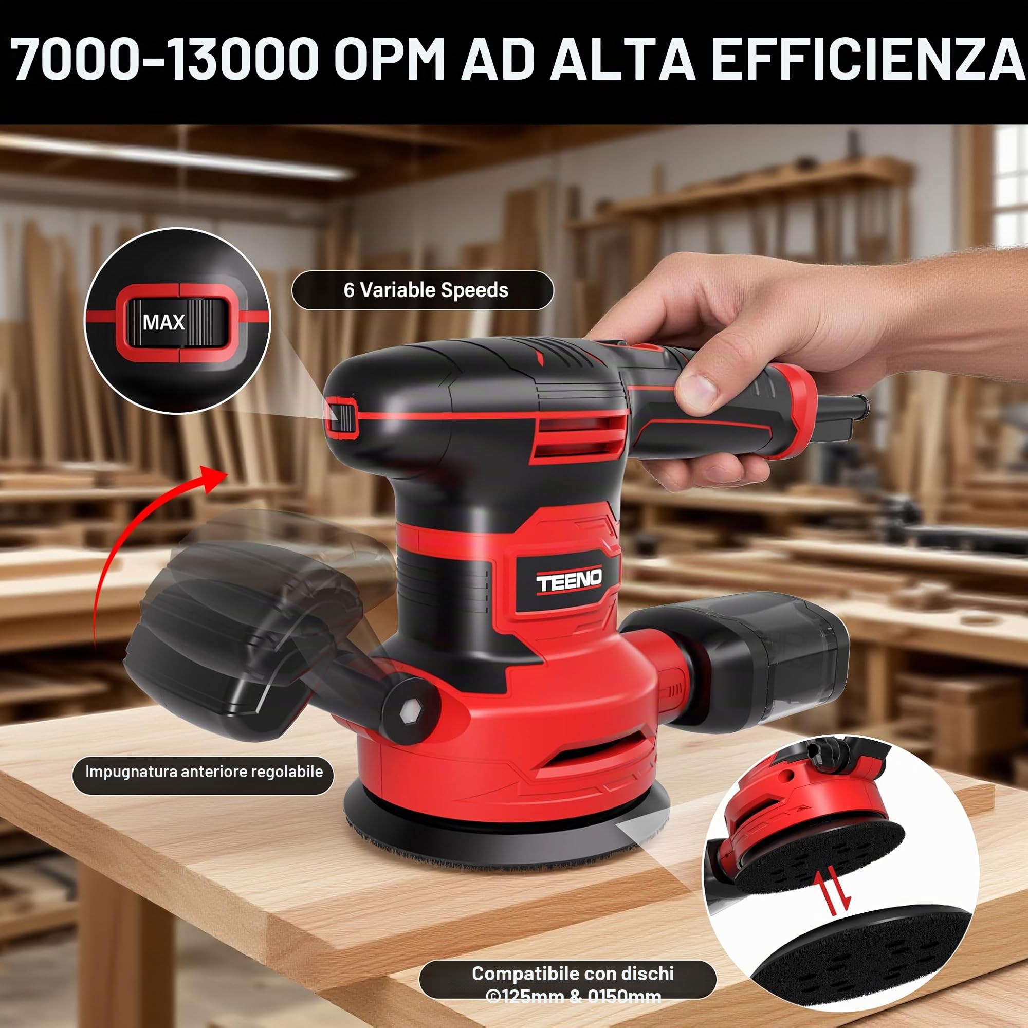TEENO Levigatrice Orbitale 450W con 6 Velocità, Ø125/150mm, 13000 RPM,20 Dischi Abrasivi, Contenitore Polvere, Cavo 2 m – Con Occhiali e Guanti – Per Legno, Metallo, Plastica