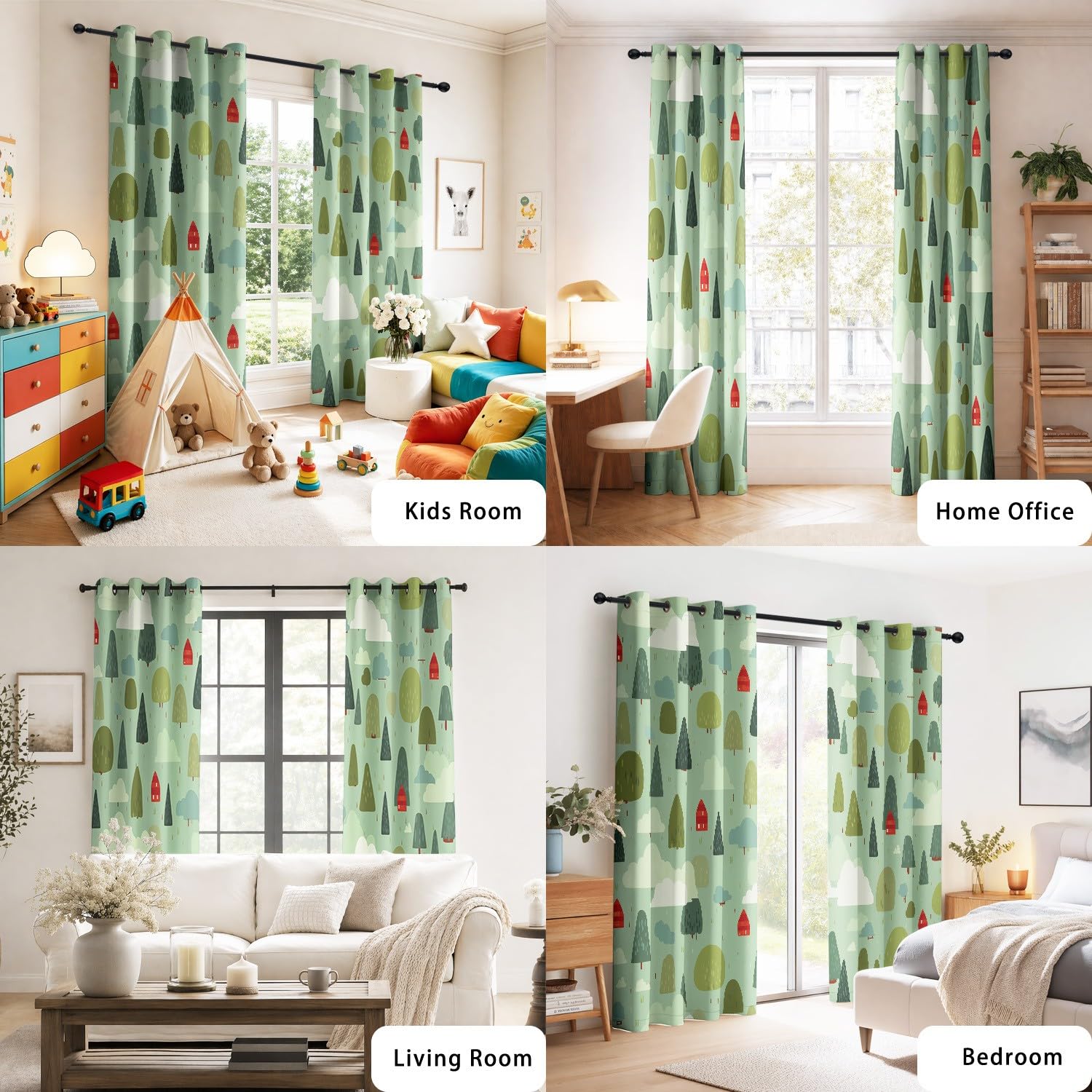 Bezszwowe zasłony leśne, chmury, czerwony dom, rośliny, nieprzejrzyste, 150 x 200 cm, smukły, skandynawski minimalizm, fantazyjny motyw chaty skandynawskiej, zasłony zaciemniające do nowoczesnego