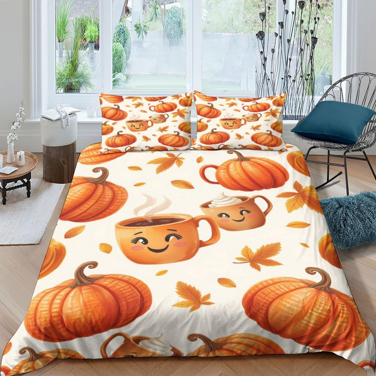 Ctjqhvkz Style-7 3D Printed Pumpkin Coffee Mug Fitted Sheet Microfiber Autumn Leaves Mattress Cover For Bedroom Guest Room Decor Single（135X200cm）