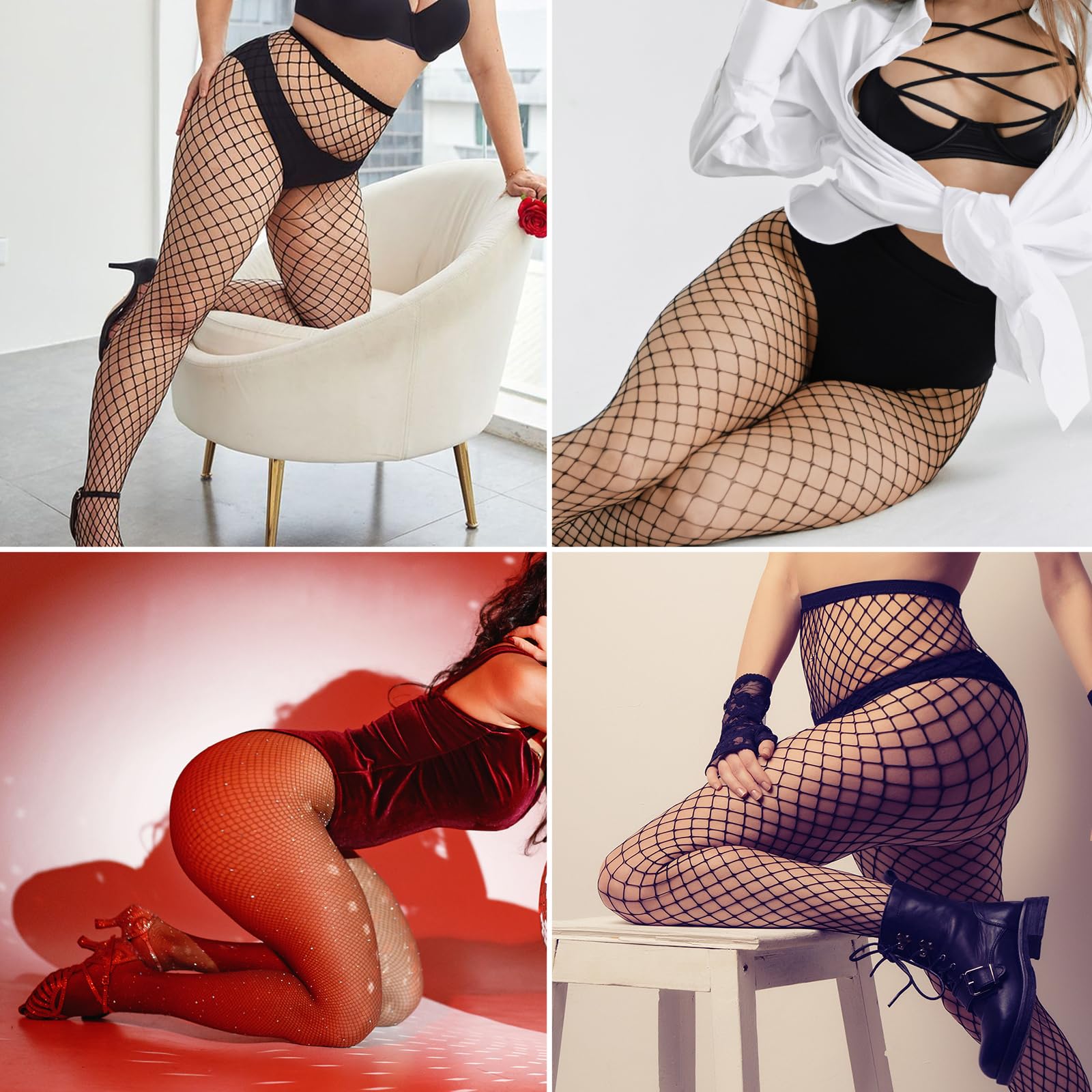 Abeillo 4 pary plus size pończochy kabaretki, rozciągliwe rajstopy z wysokim stanem, czarne legginsy, 4 style, L