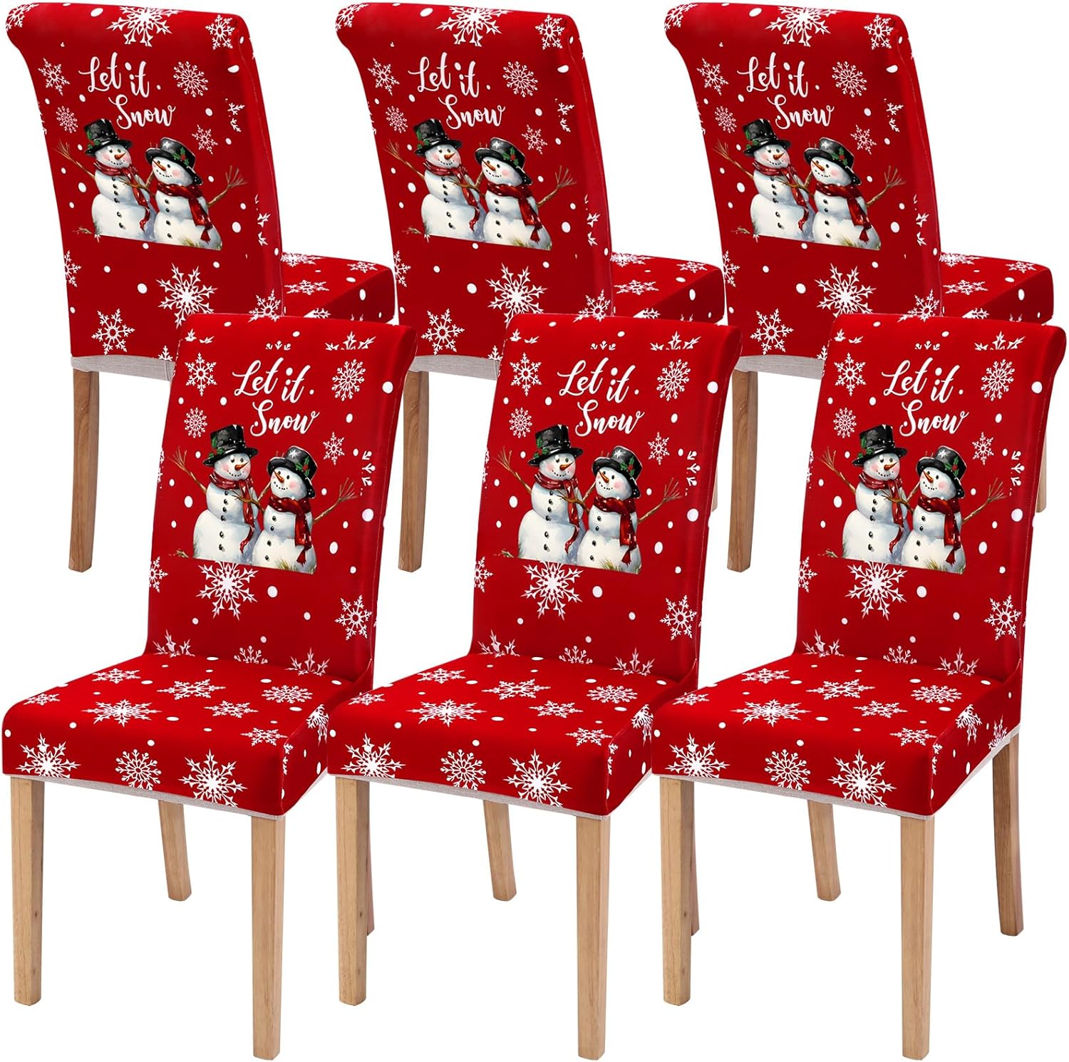 Moukeren 6 Pcs Christmas Dining Chair Covers Snowman Stretch Chair Protector Slipcovers Let It Snow Removable Washable Seat Protector for Xmas Holiday Party Dining Chair Christmas Decor (Red)