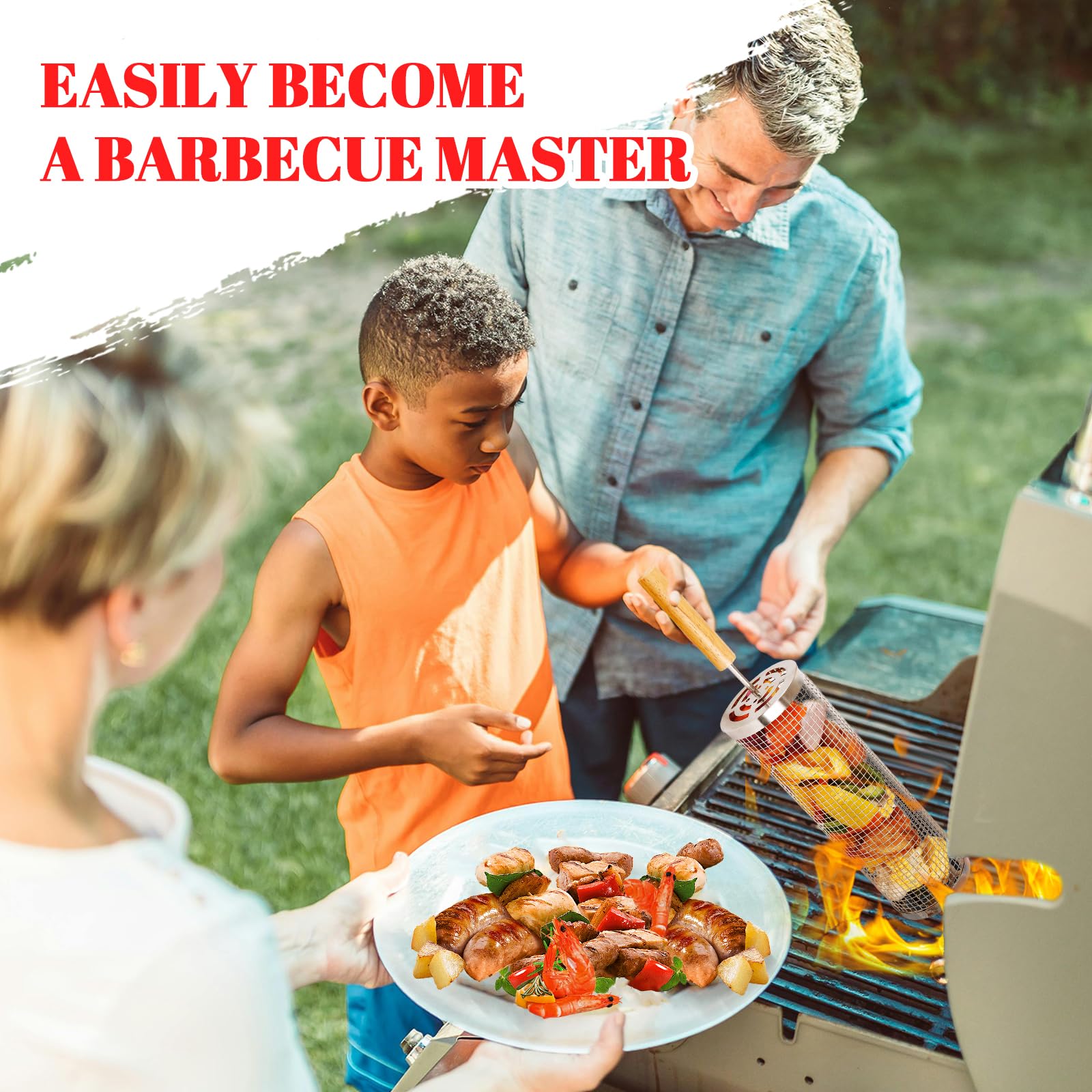 2 cestas de parrilla rodantes con mango de madera,Accesorios resistentes de acero inoxidable para asar verduras/camarones/carne,Herramientas de barbacoa para hombres para acampar al aire libre