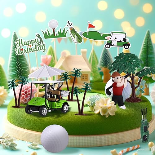Miniatura 7 de RAYNAG 19 piezas de decoración de pastel de golf, decoraciones de cumpleaños, suministros de fiesta con figura de arcilla, carrito de sombrilla,
