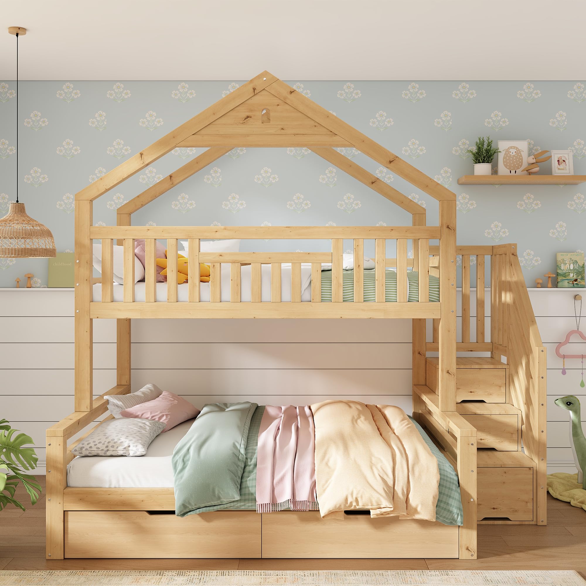 Shye Letto a castello per bambini, 90 x 200 e 140 x 200 cm, in legno con scale, 2 cassetti, tetto a battente, letto familiare, colore rovere (senza materasso)