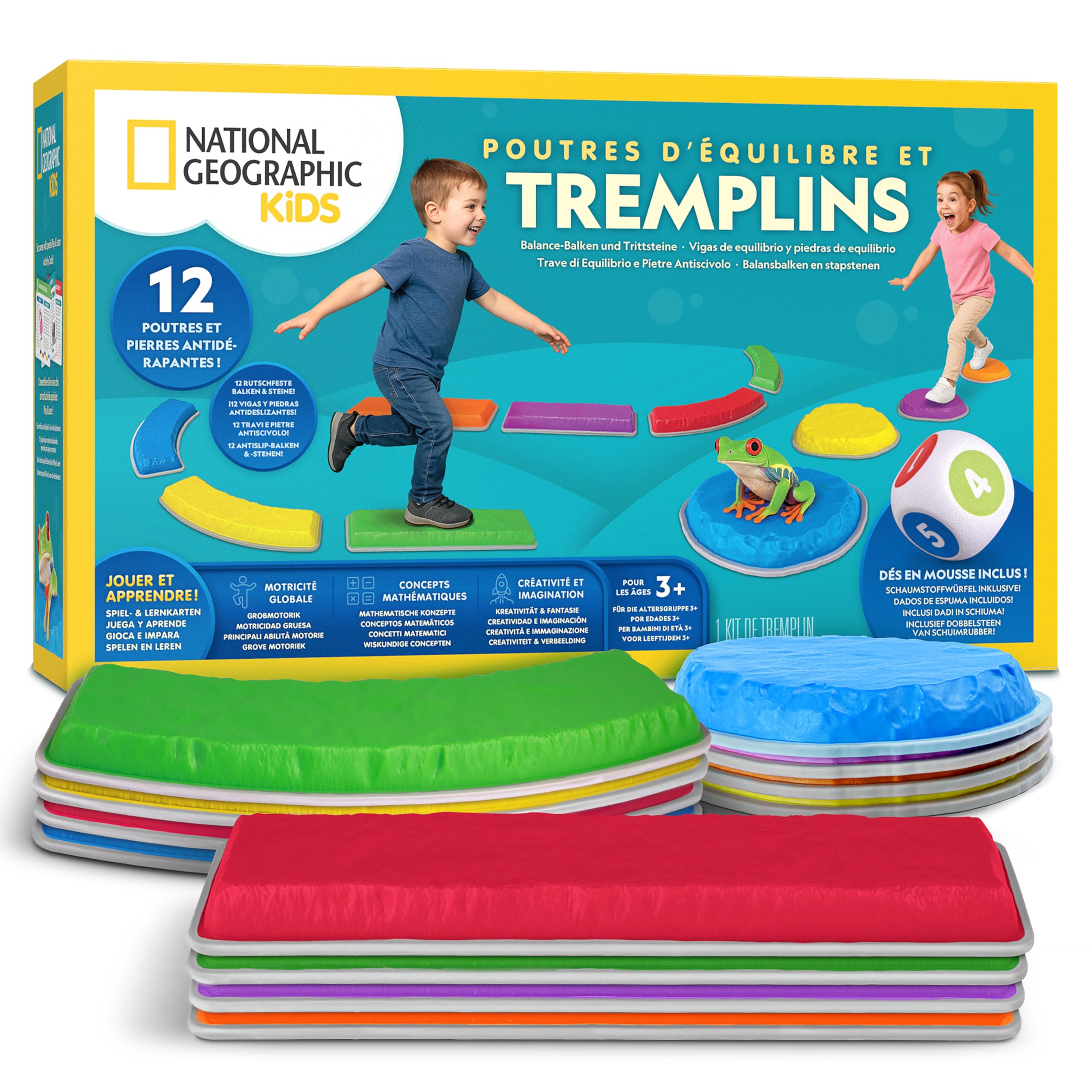 Blue Marble National Geographic Kids Pierres D’Équilibre et Barres D’Équilibre – Set de Parcours d’Obstacles de 12 pièces pour Enfants 3+ avec dé en Mousse, Cartes Play & Learn et Base antidérapante