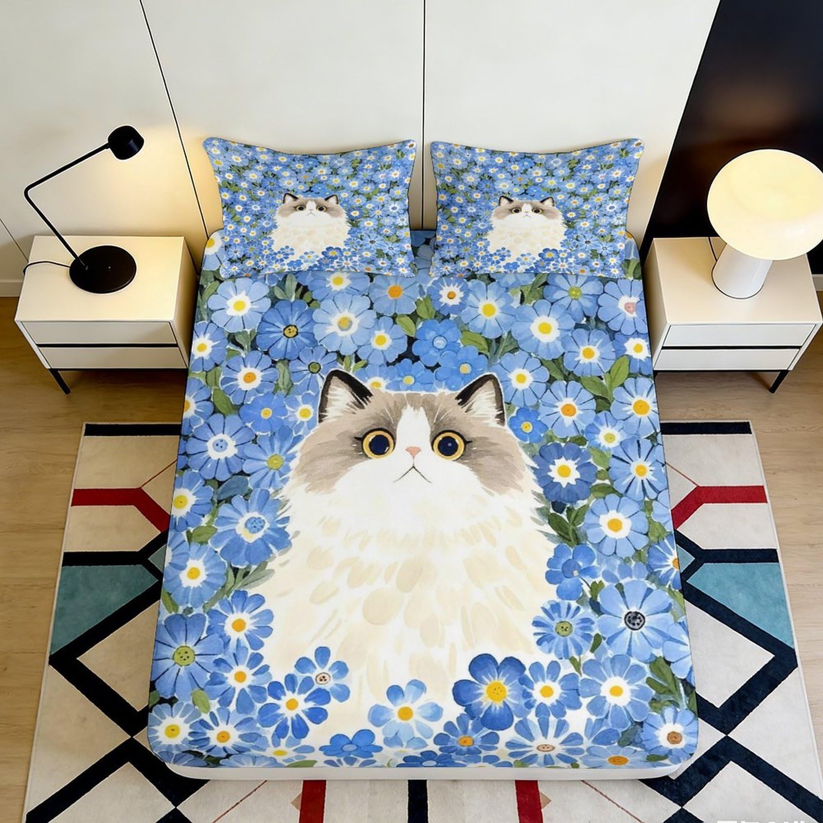 3D Printed Blue Daisy Cat Fitted Sheet Microfiber Soft Matt Finish Mattress Cover for Bedroom Guest Room Decor 90x200x25cm